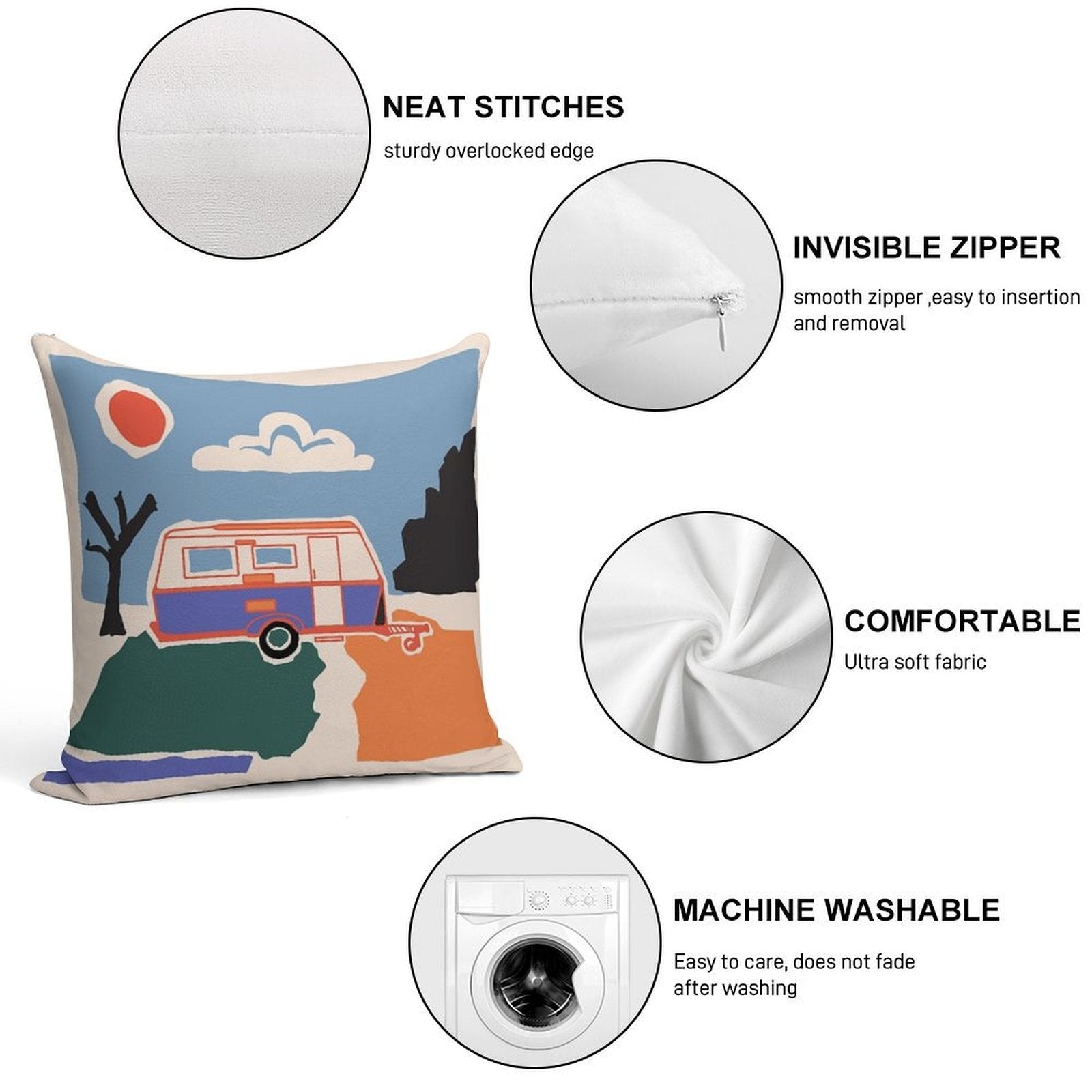 Retro Vintage Caravan Soft Durable Construction Throw Pillow