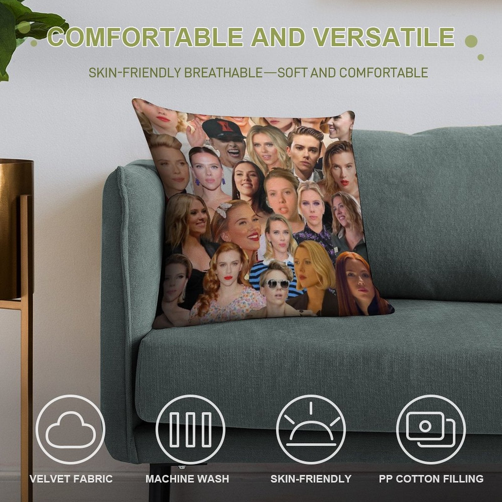Scarlett Johansson Photo Collage Soft Reinforced Edging Throw Pillow