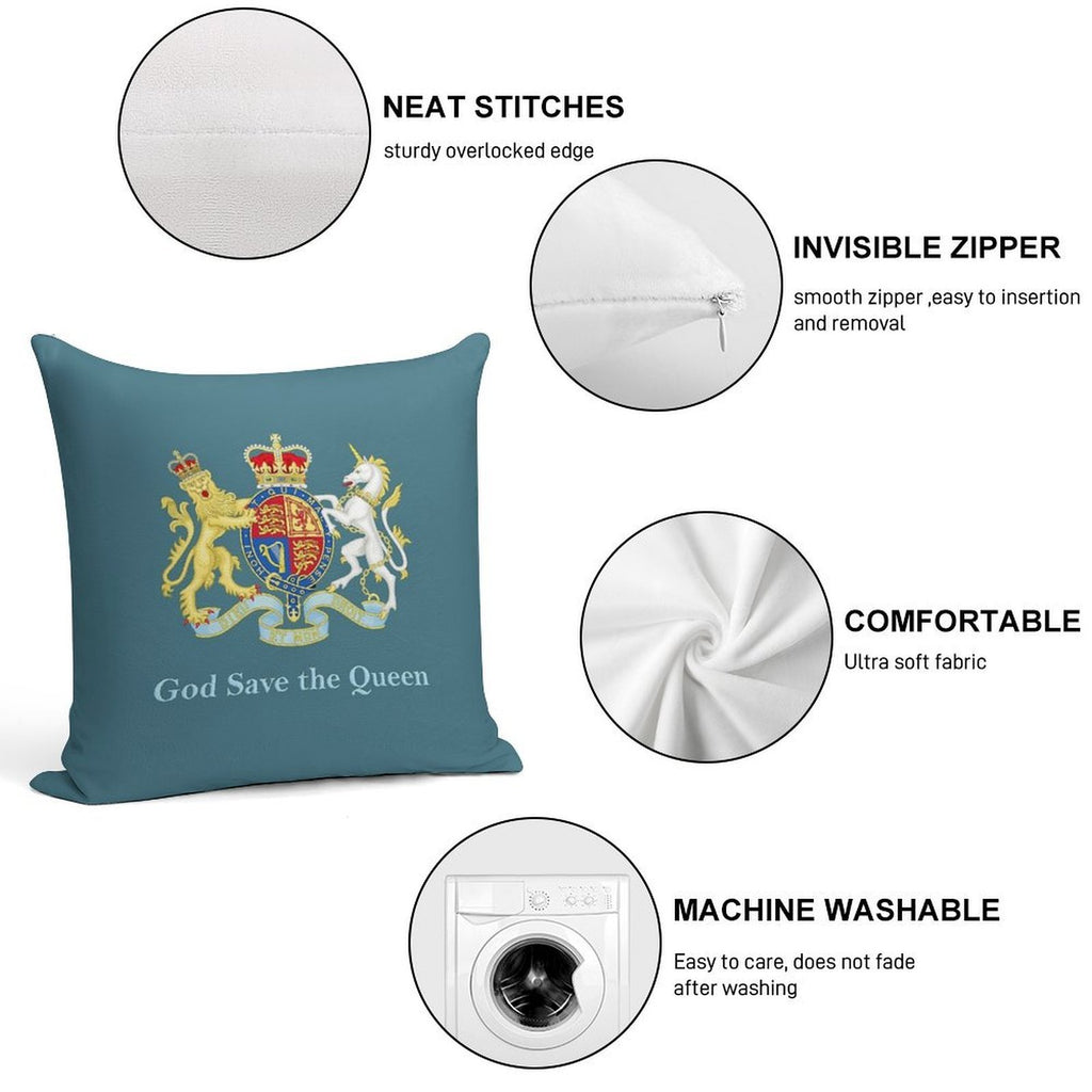 Royal Coat of Arms, Queen Elizabeth, British Monarchy Soft Gift Ready Throw Pillow