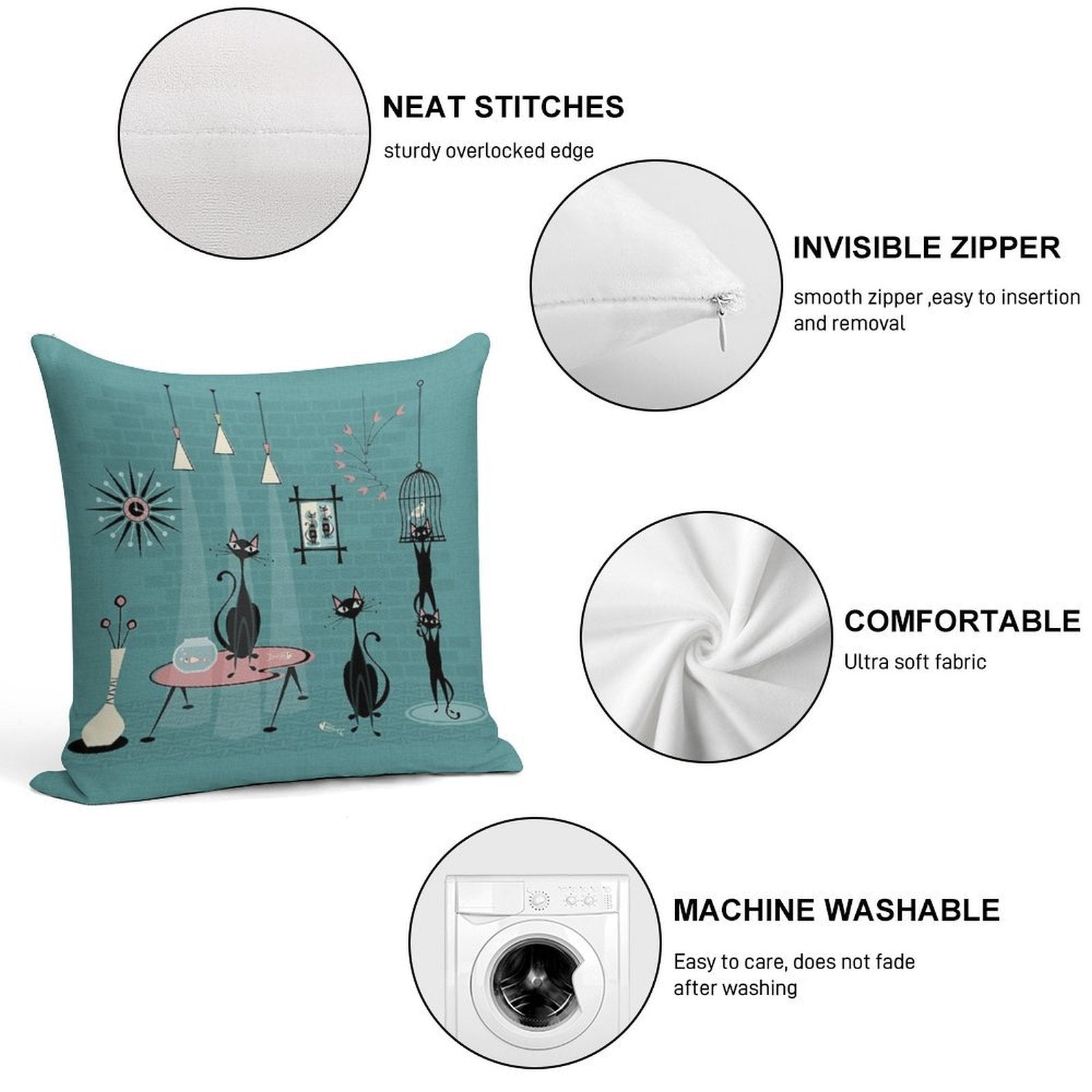 Mid Century Kitty Mischief III ©studioxtine Soft Warmth Comfort Throw Pillow