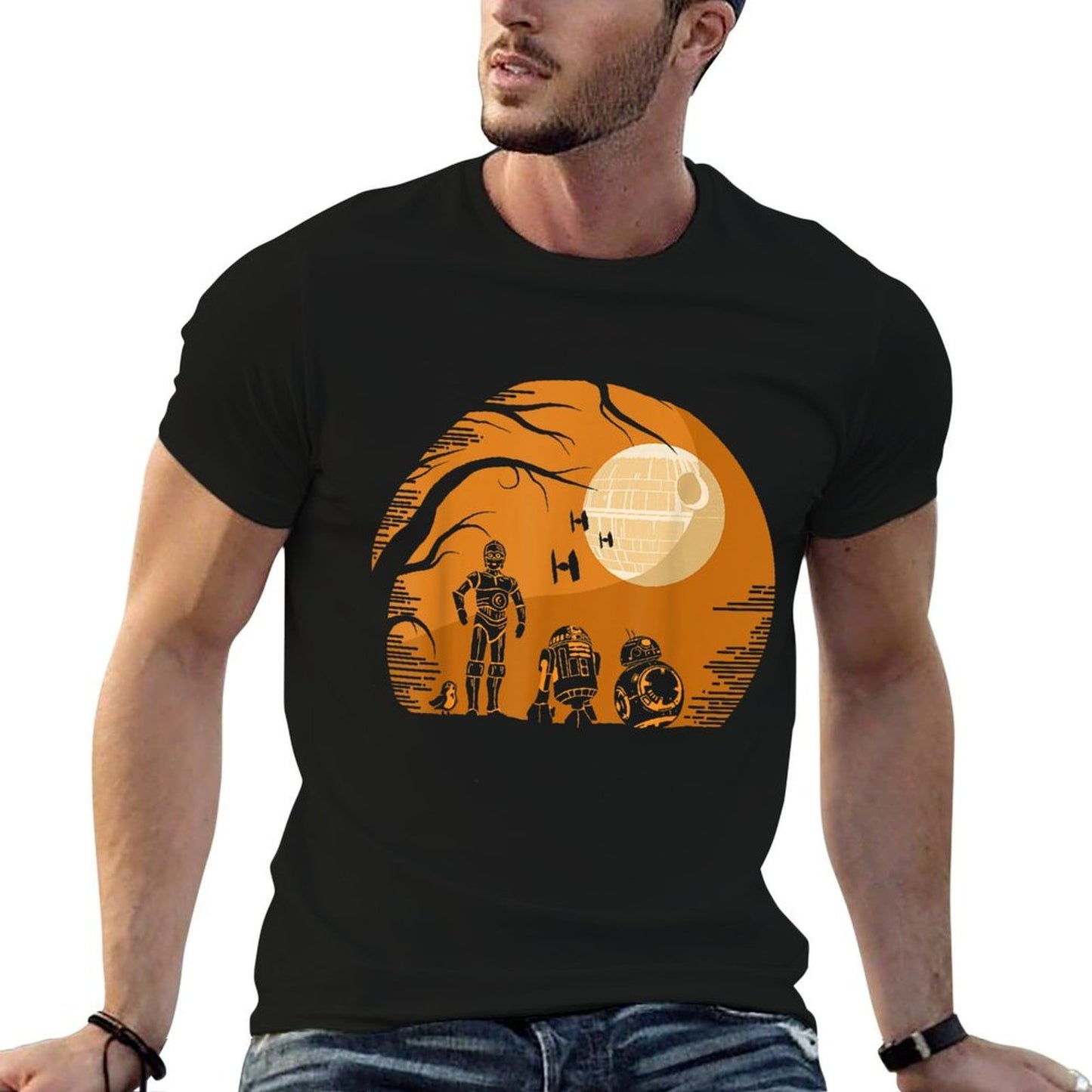 Star Wars Droids Halloween Orange Hue Death Star Portrait  Trendy Pattern T-Shirt