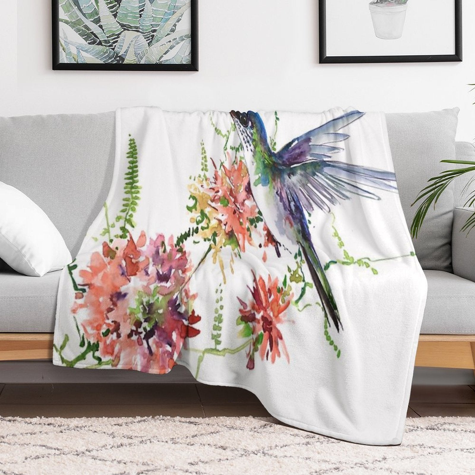 Hummingbird And Flowers Compact Throw Blanket