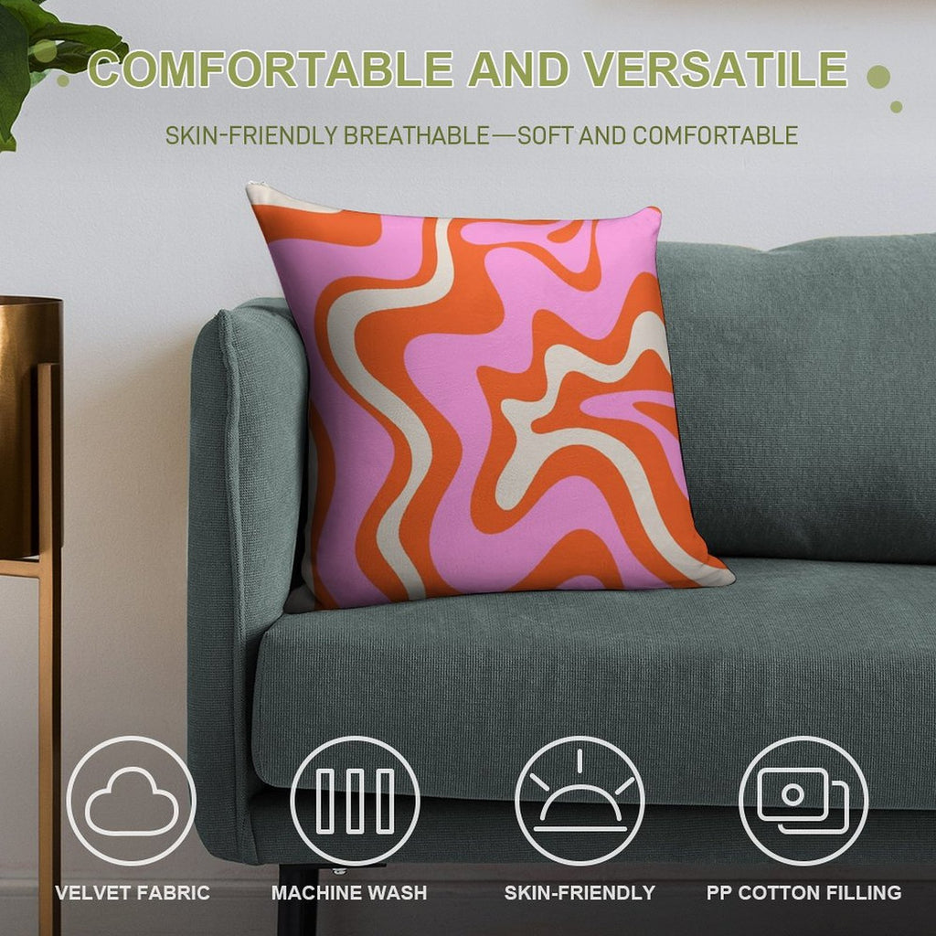 Retro Liquid Swirl Abstract Pattern Hot Pink Bright Orange Cream Soft Durable Construction Throw Pillow