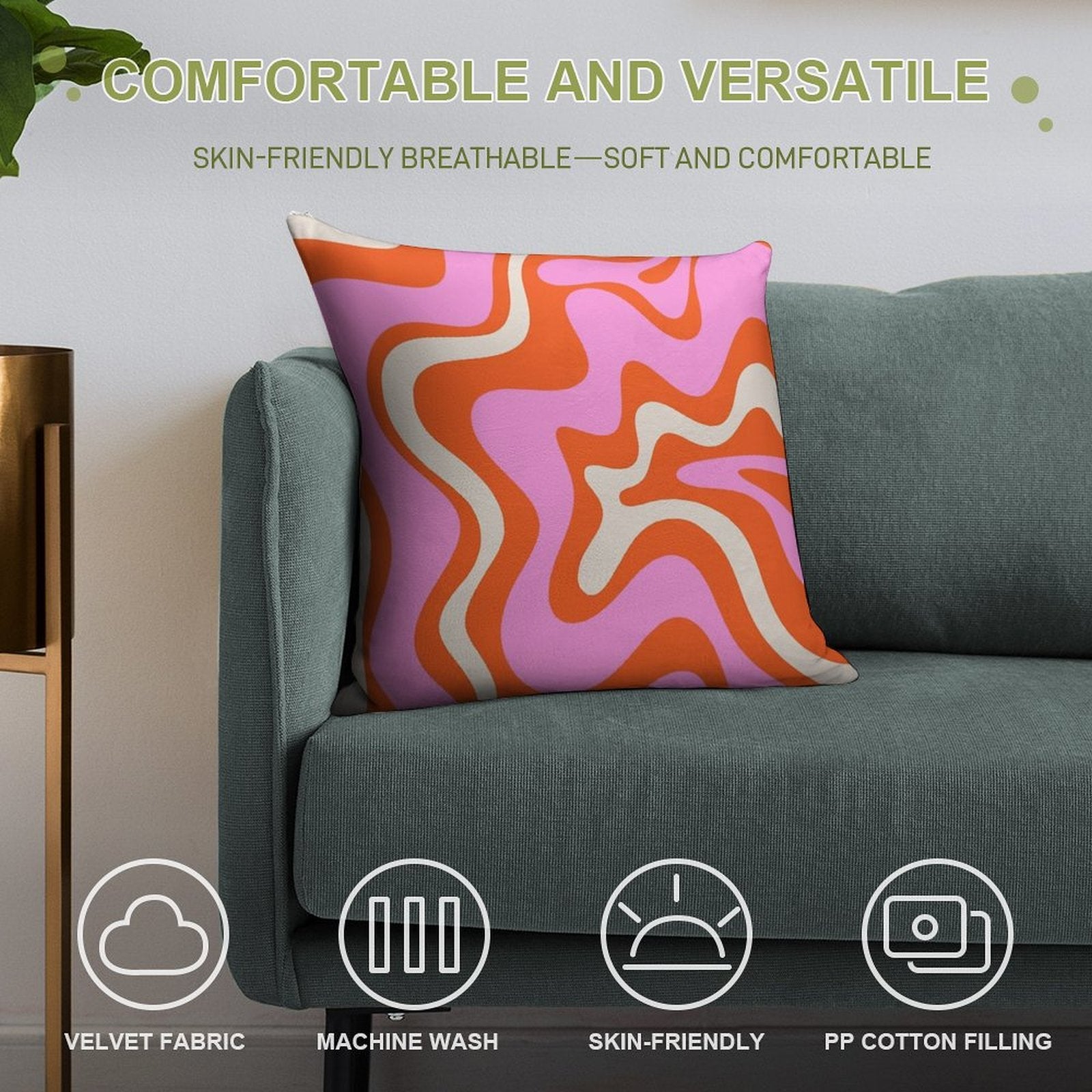 Retro Liquid Swirl Abstract Pattern Hot Pink Bright Orange Cream Soft Durable Construction Throw Pillow