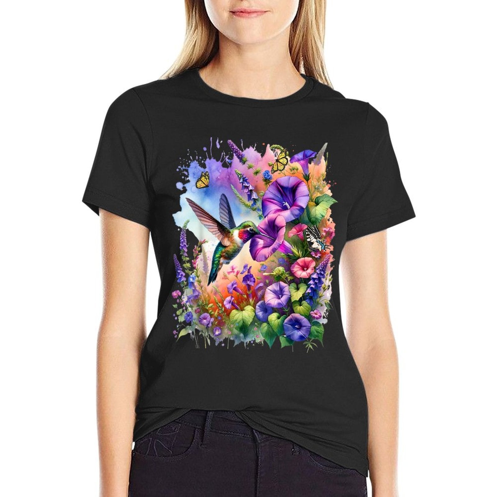 Ruby Throated Hummingbird With Wild Flowers And Butterflies  Quick-drying T-Shirt
