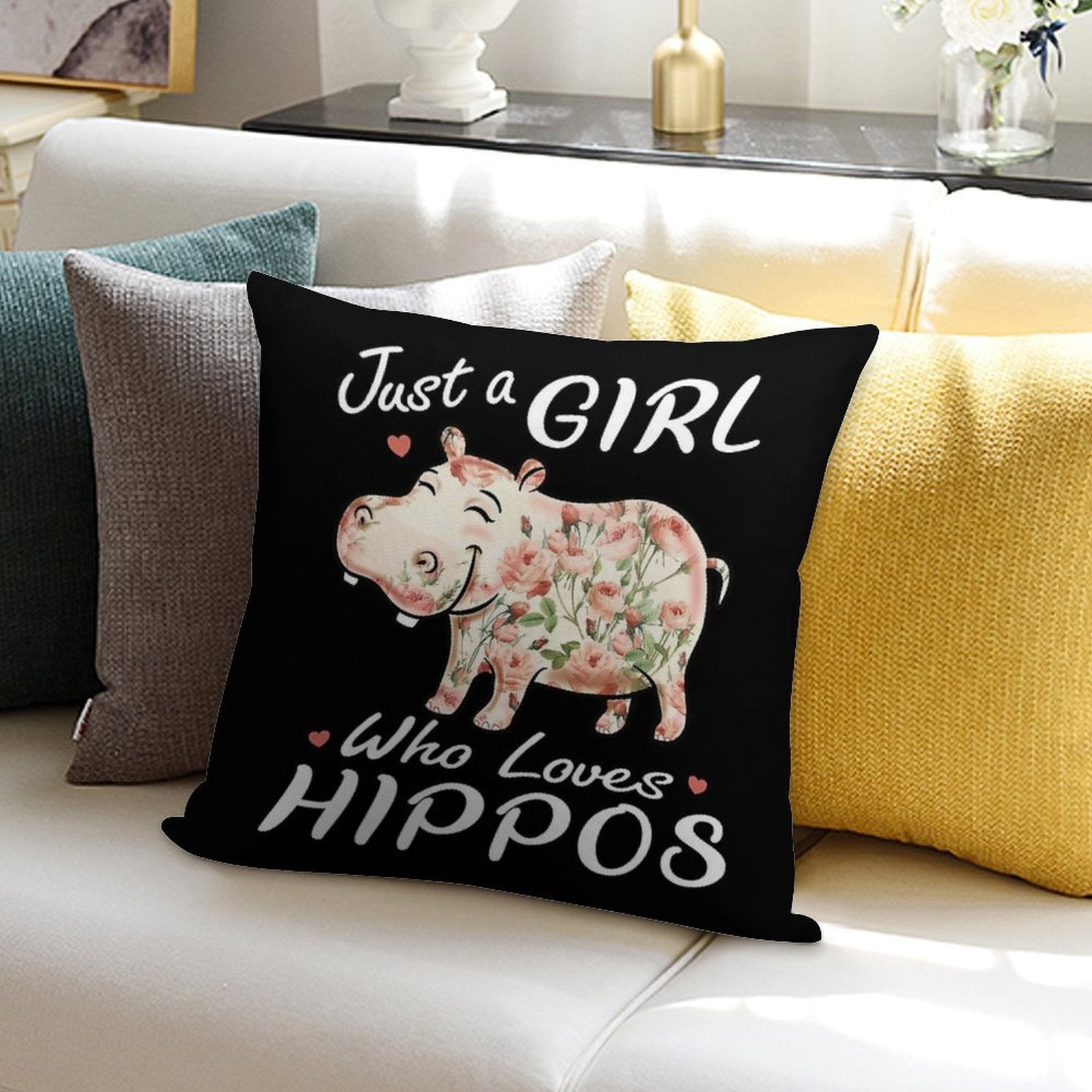 Just A Girl Who Loves Hippos Flower Hippopotamus Soft Reinforced Edging Throw Pillow