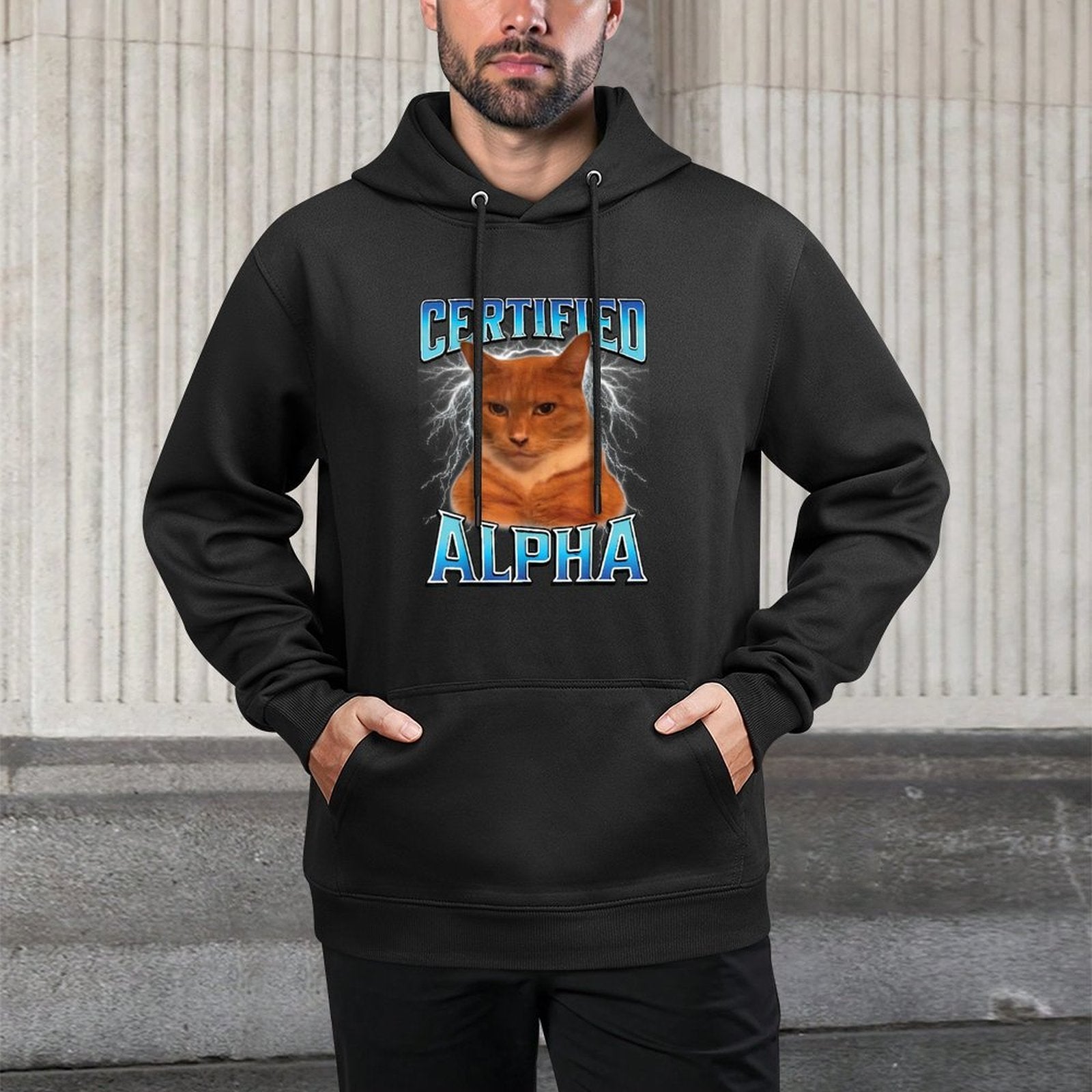 Certified Alpha Funny Staring Cat Meme Sarcastic Silly Cat for Men Women Kids Machine Washable Hoodie