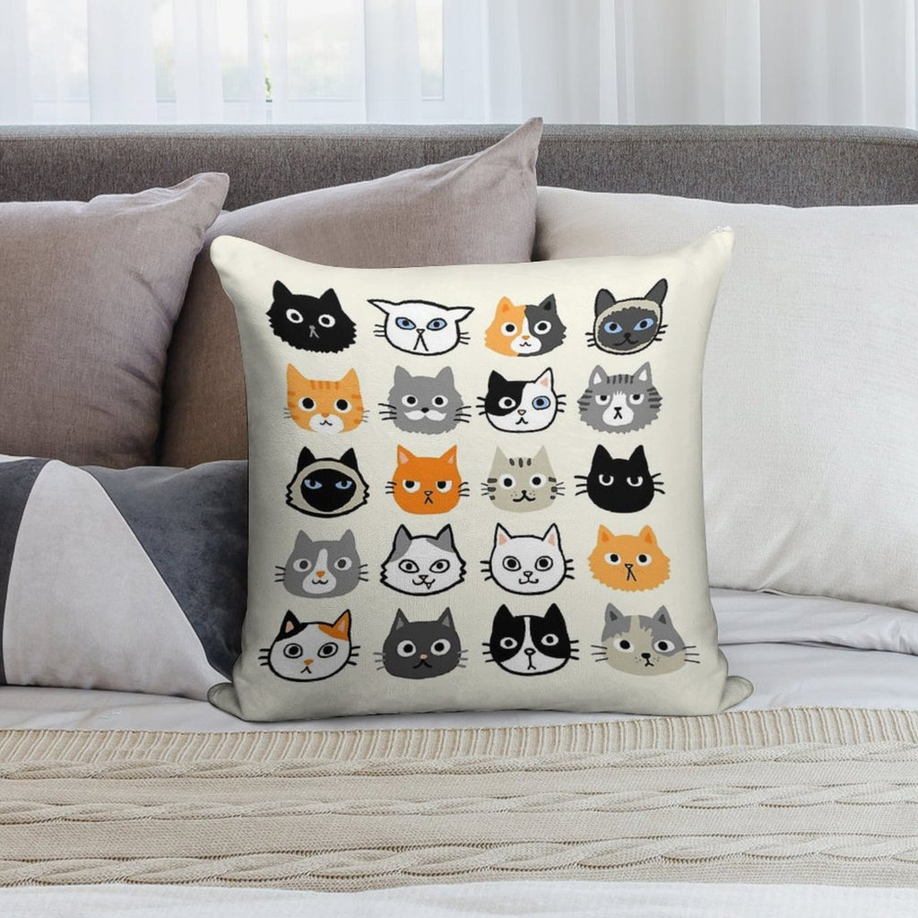 Assorted Cat Faces  Cute Quirky Kitty Cat Drawings Soft Luxury Feel Throw Pillow