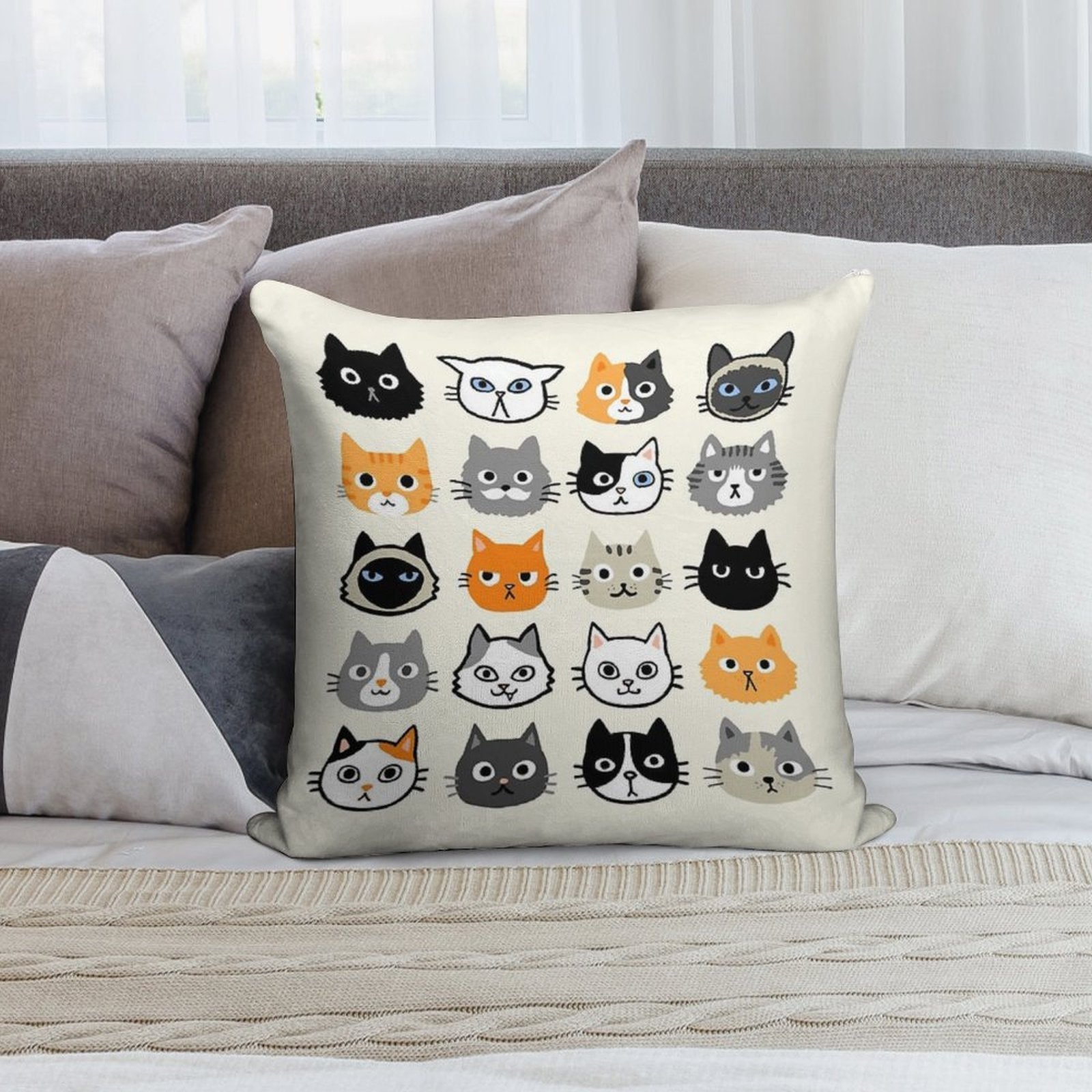 Assorted Cat Faces  Cute Quirky Kitty Cat Drawings Soft Luxury Feel Throw Pillow