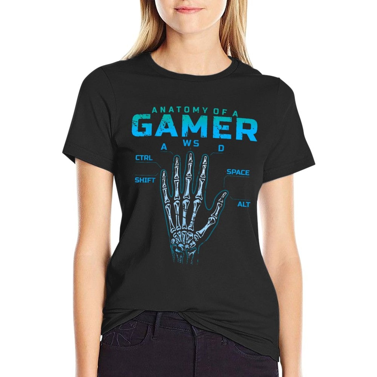 Anatomy of A Gamer Skeleton Hand Video Game WASD  Rolled Sleeves T-Shirt