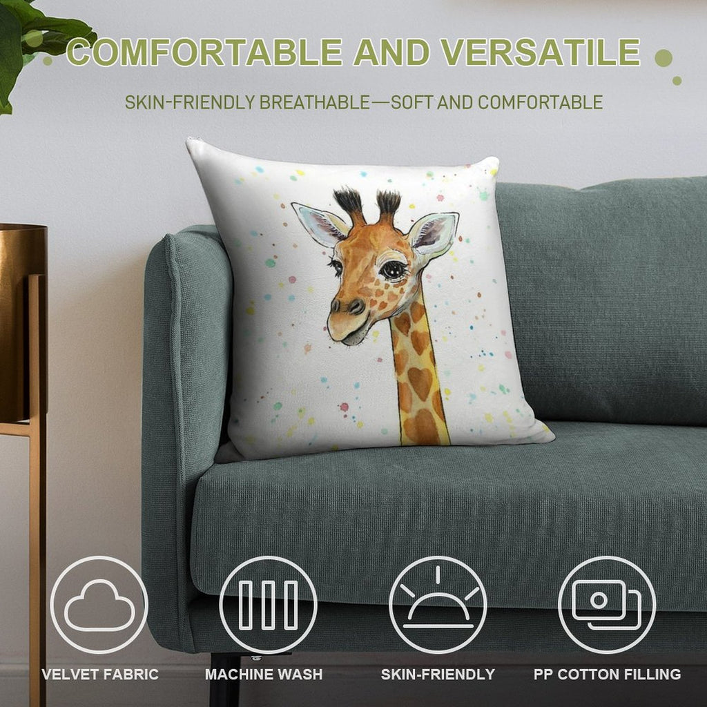 Baby Giraffe with Hearts Watercolor Animal Soft Gift Ready Throw Pillow