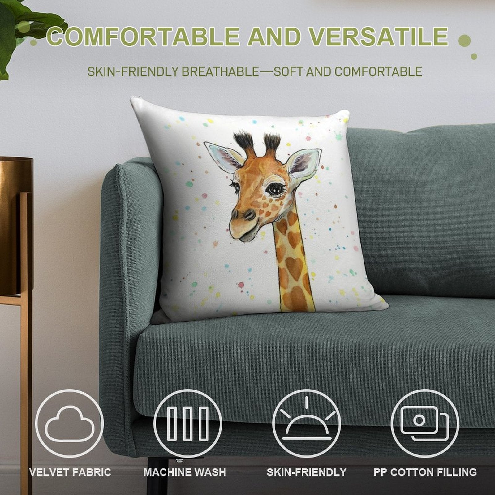 Baby Giraffe with Hearts Watercolor Animal Soft Gift Ready Throw Pillow