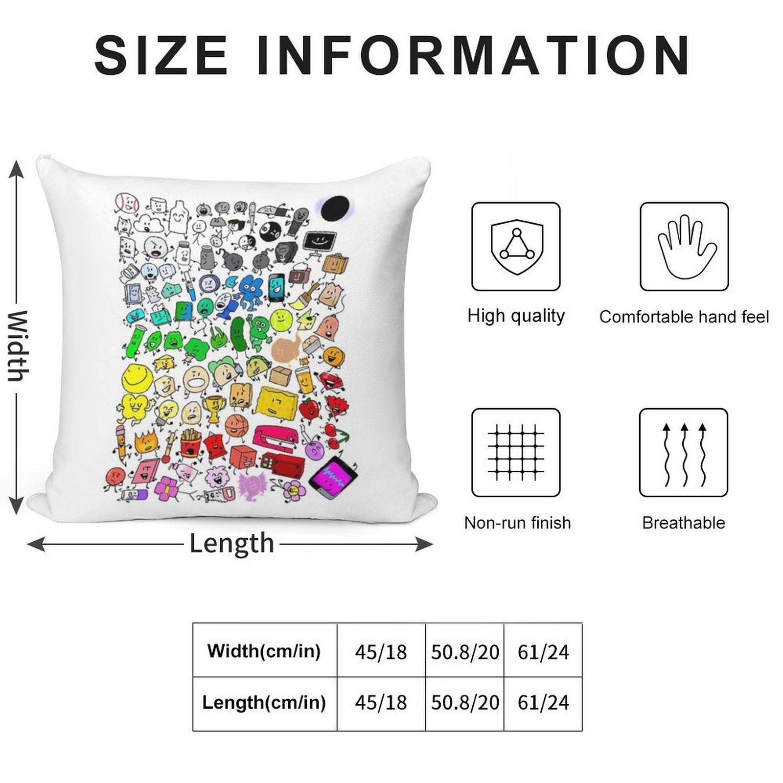 BFDI Inanimate Insanity All Characters (Transparent) Soft Decorative Cover Throw Pillow