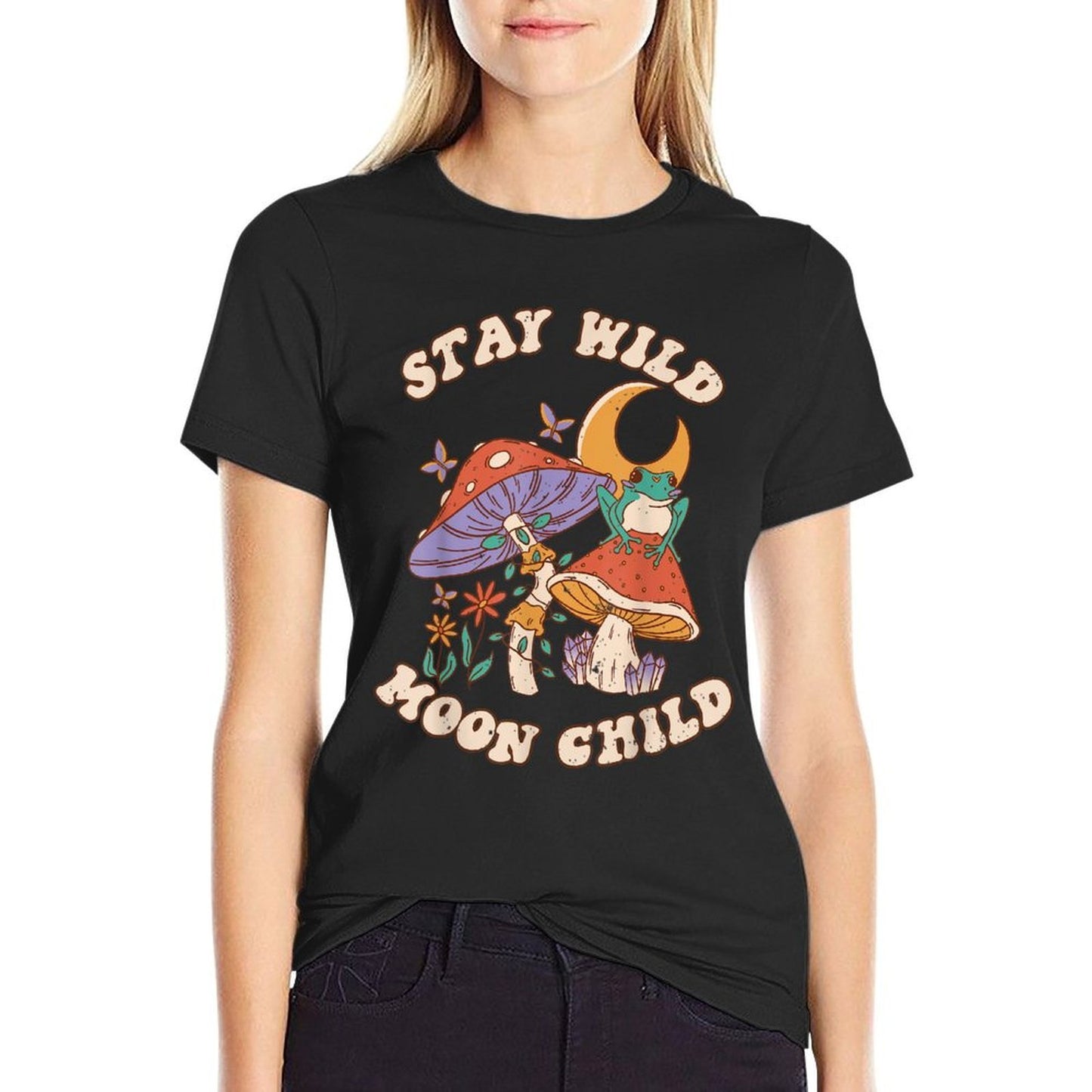 Vintage Retro Stay Wild Moon Child Frog Mushroom Hippie  Rolled Sleeves T-Shirt