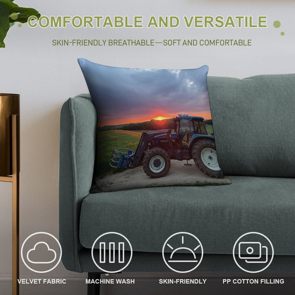 New Holland Tractor at Sunset Soft Short Plush Fabric Throw Pillow