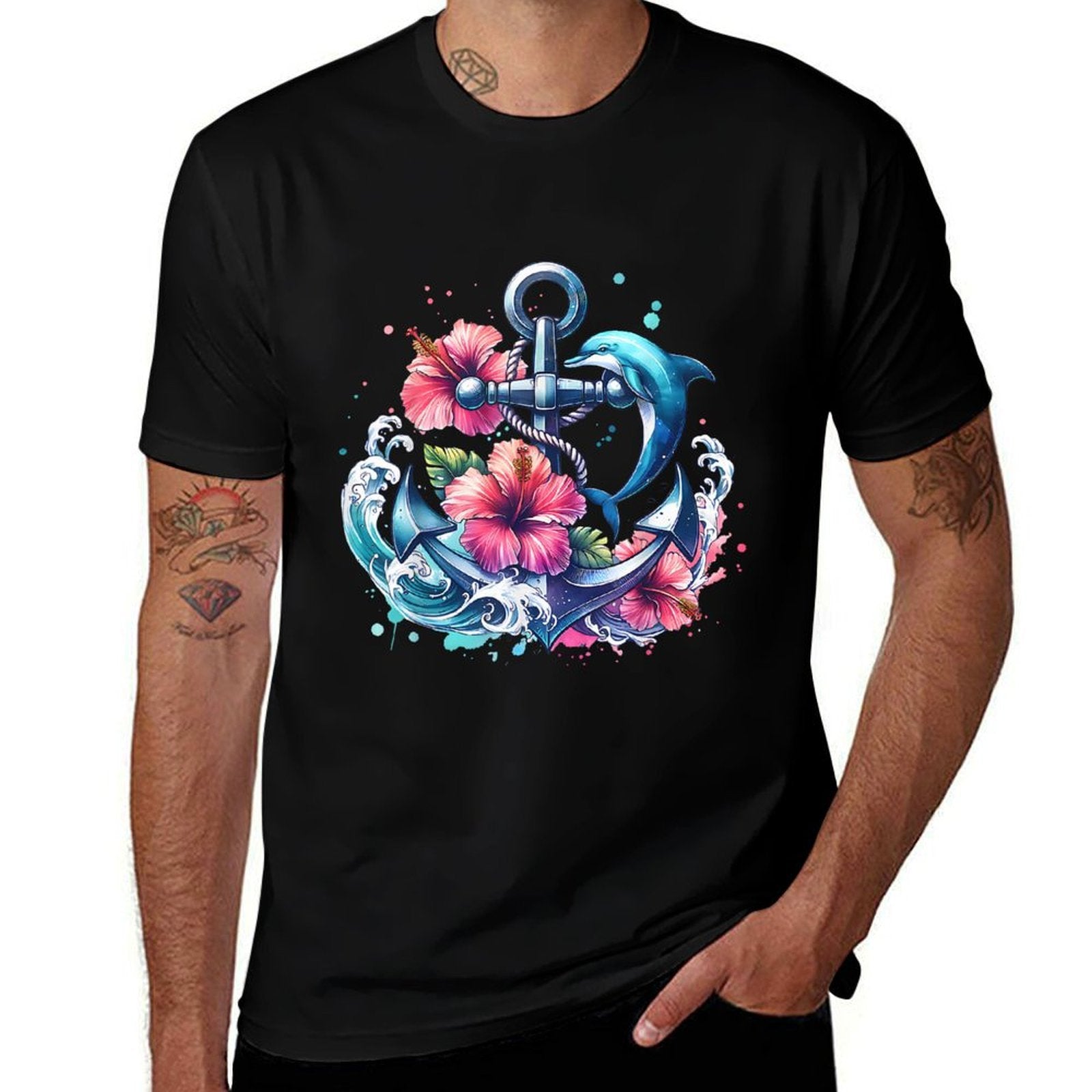 Watercolor Floral Anchor Dolphin Nautical Sea Animal Summer  Breathable T-Shirt