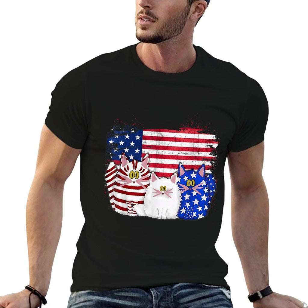 Red White Blue Cats USA Firework 4th Of July  Rolled Sleeves T-Shirt