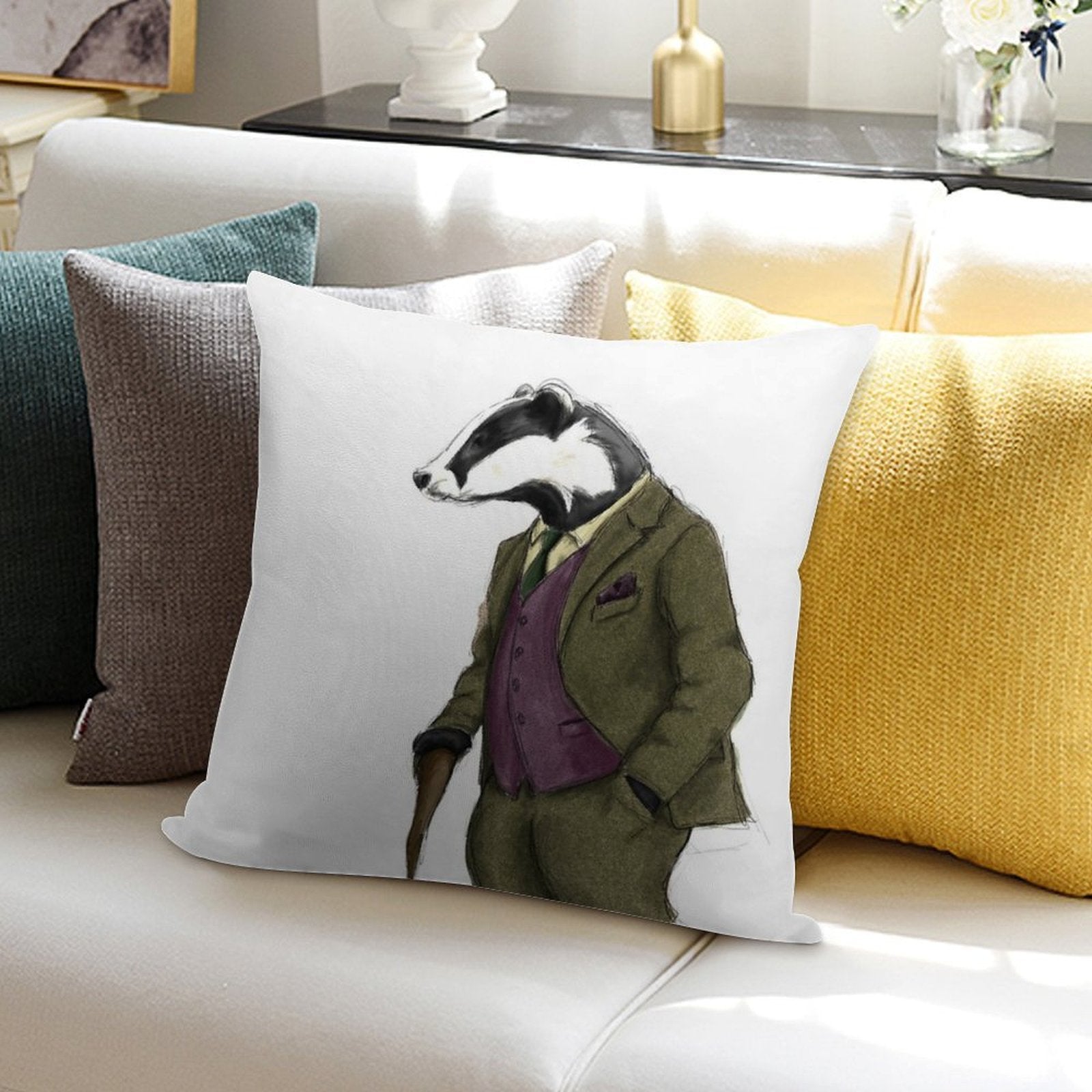 Badger Illustration Soft Hidden Zipper Throw Pillow