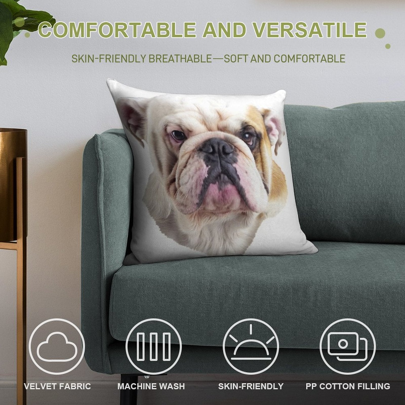 English Bulldog Head Soft Bedroom Essential Throw Pillow