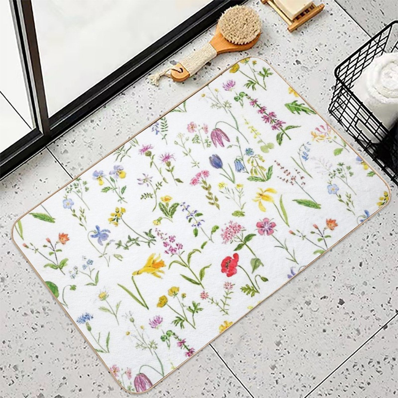 Hand Painted Botanical Colorful Countryside Wildflowers Watercolor Painting  Rapid-Drying Bath Mat