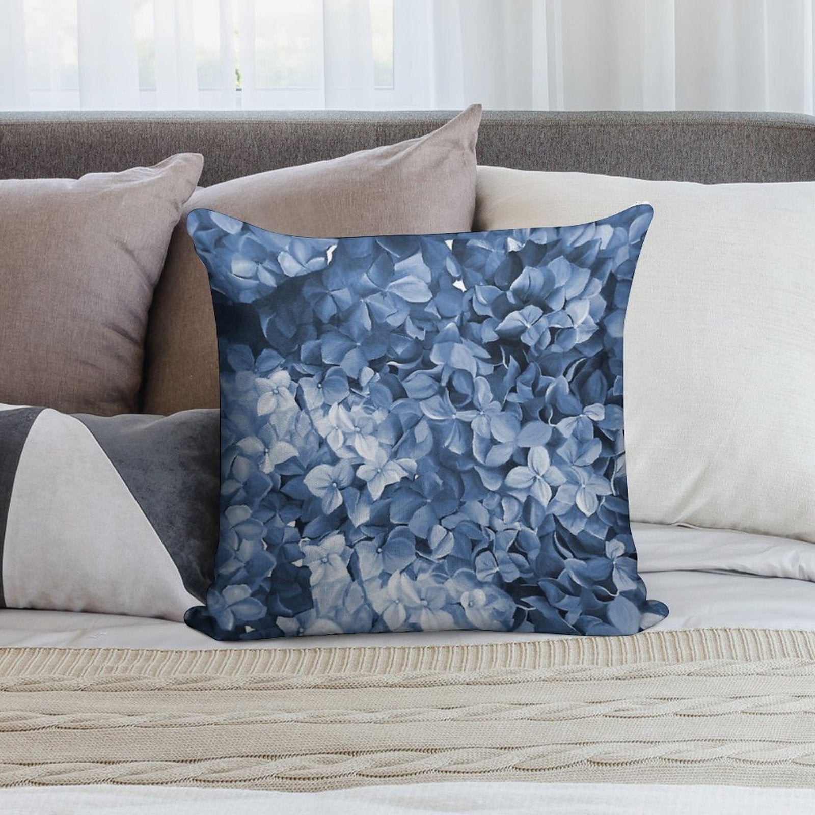 Hydrangea Hamptons Blue Soft High-Density Material Throw Pillow
