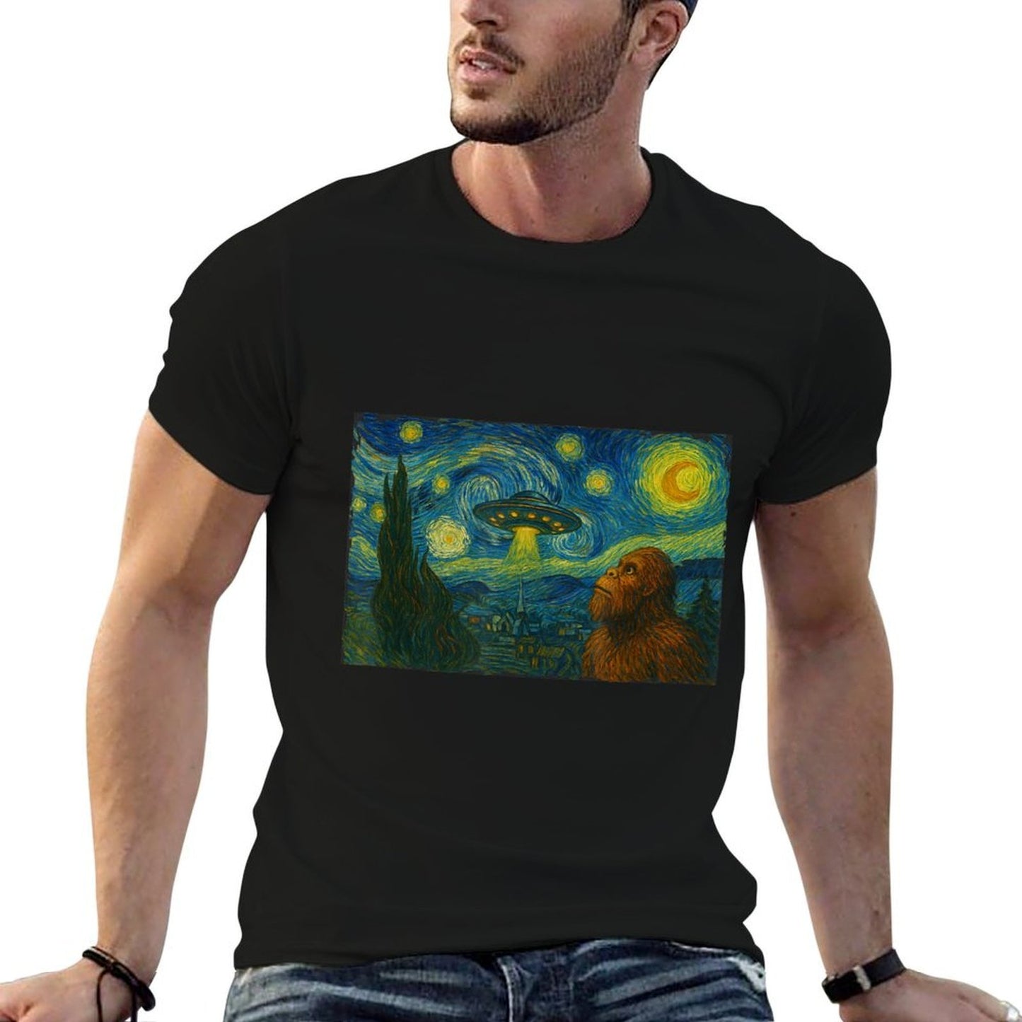 Starry Night UFO Bigfoot Funny Sci-Fi Van Gogh Painting  Ribbed Collar T-Shirt