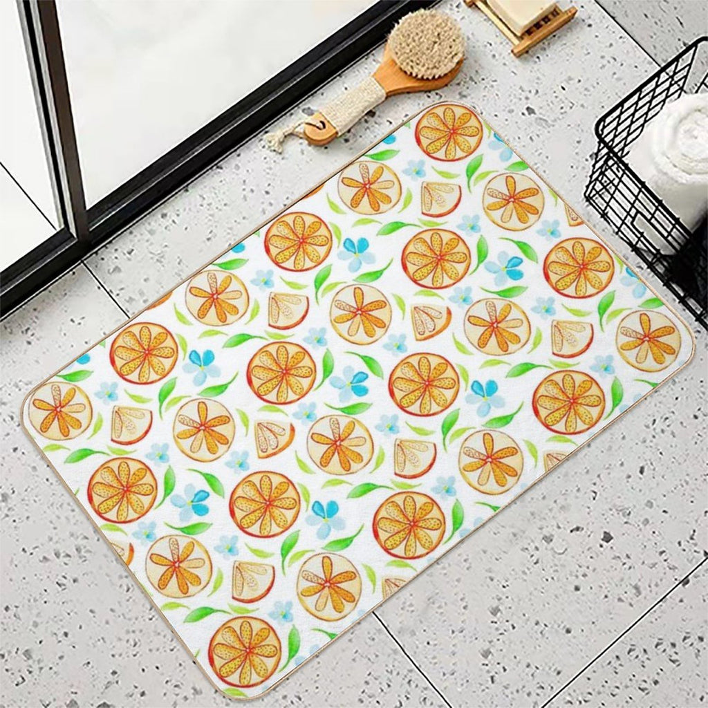 Oranges And Blue Blossoms Watercolour  Eco-Friendly Bath Mat
