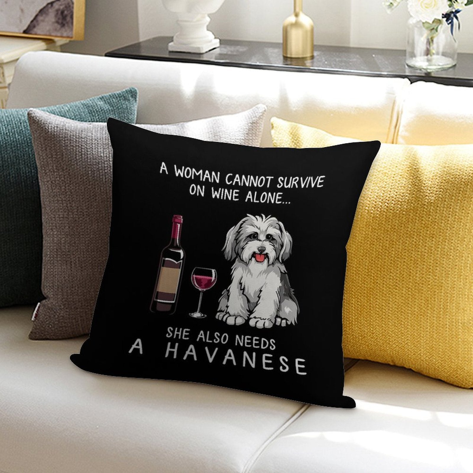 Havanese And Wine Funny Dog Soft Home Decor Throw Pillow