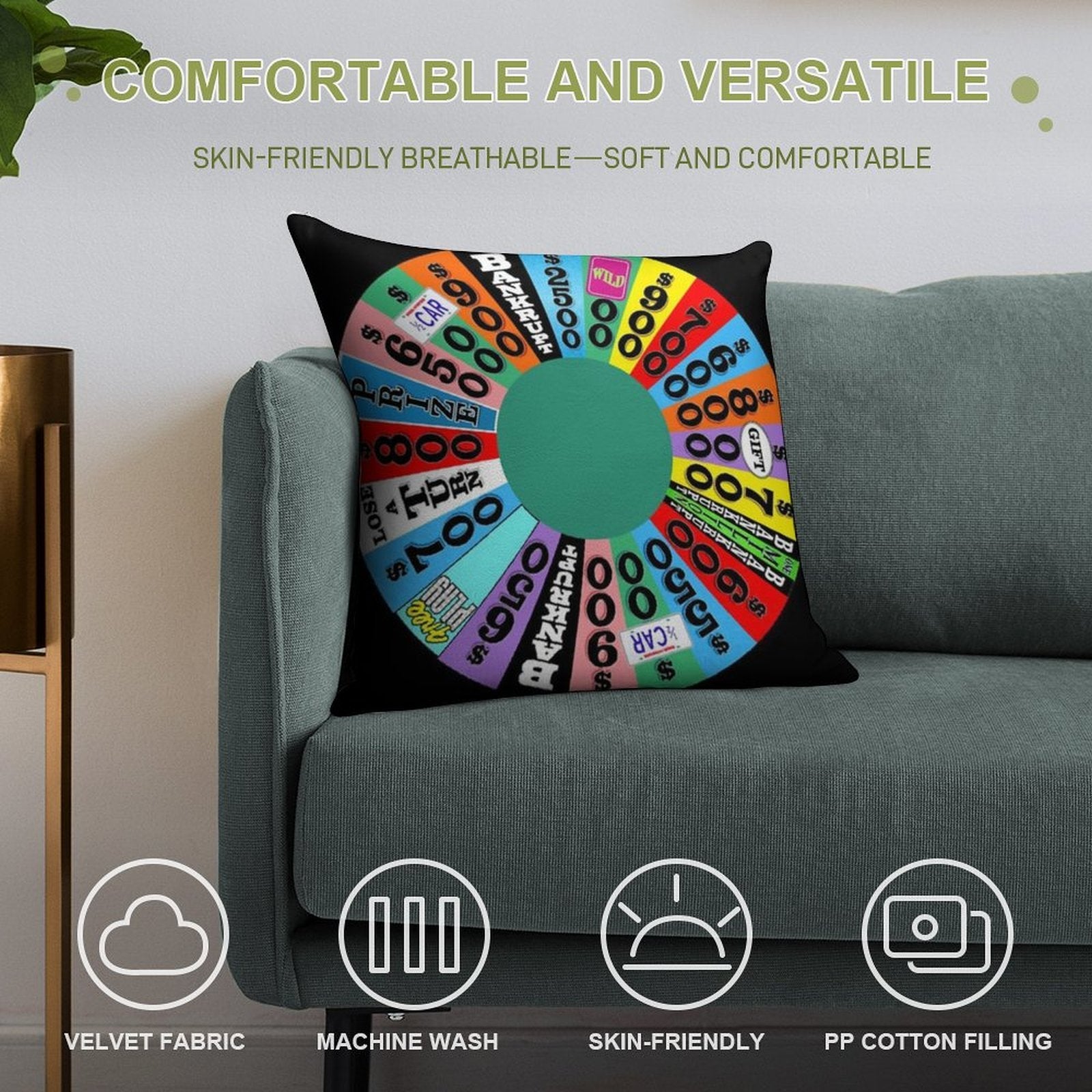 Wheel with Prizes, $ Amounts Soft Decorative Cover Throw Pillow