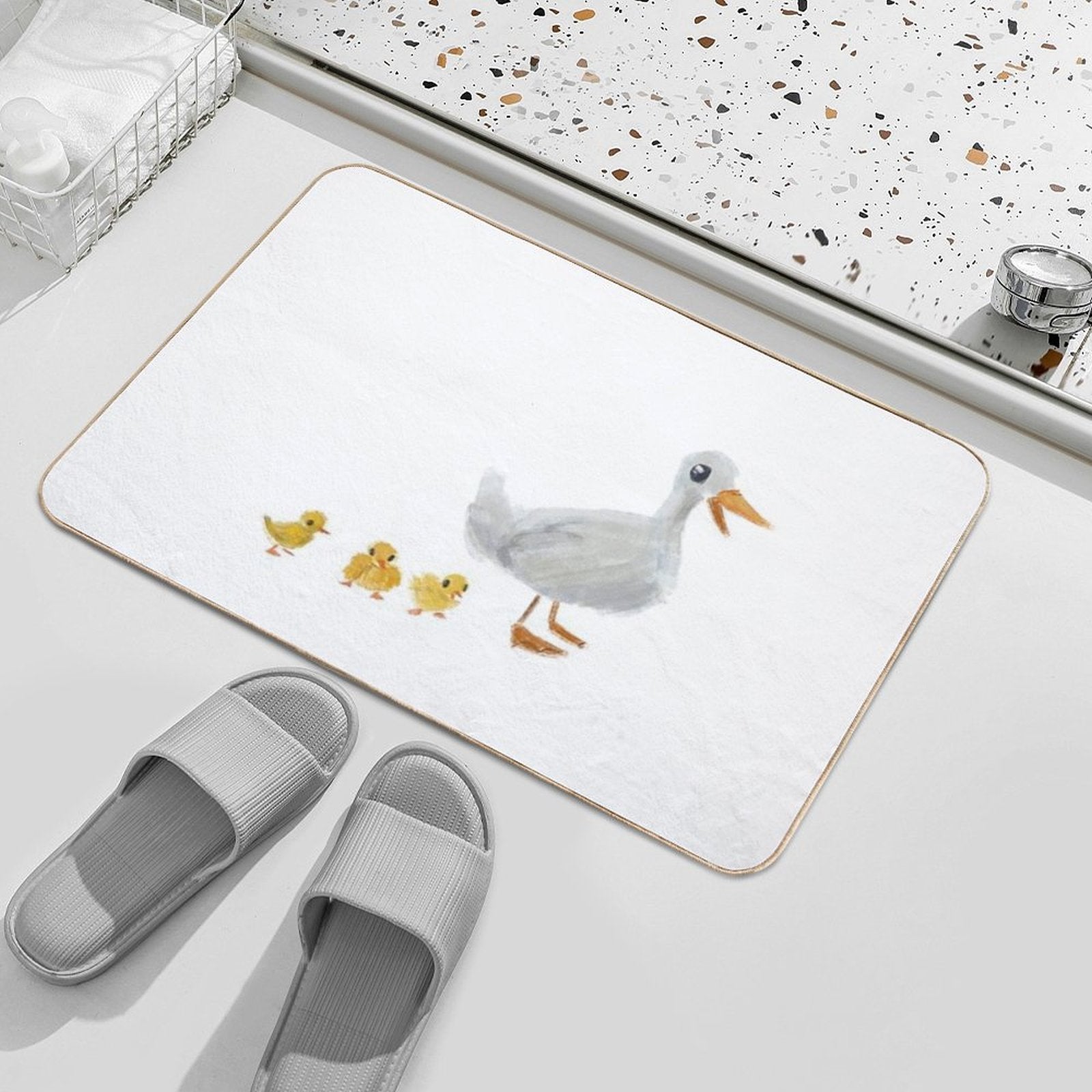 Mama Duck And Ducklings Cute Bird Pastel Drawing  Odorless Bath Mat