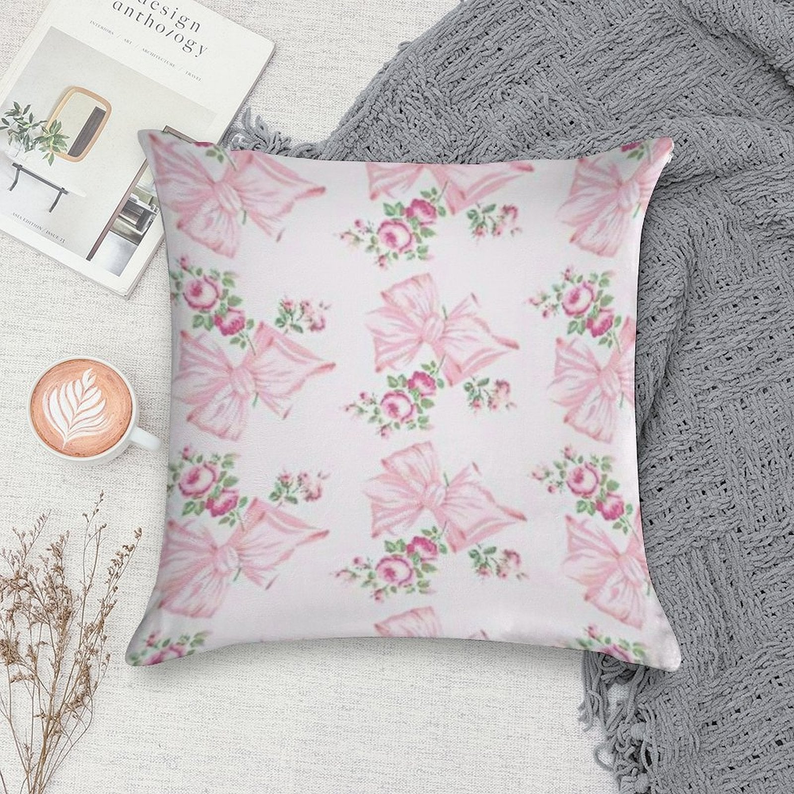 Coquette Floral Bow Pattern Soft Luxury Feel Throw Pillow