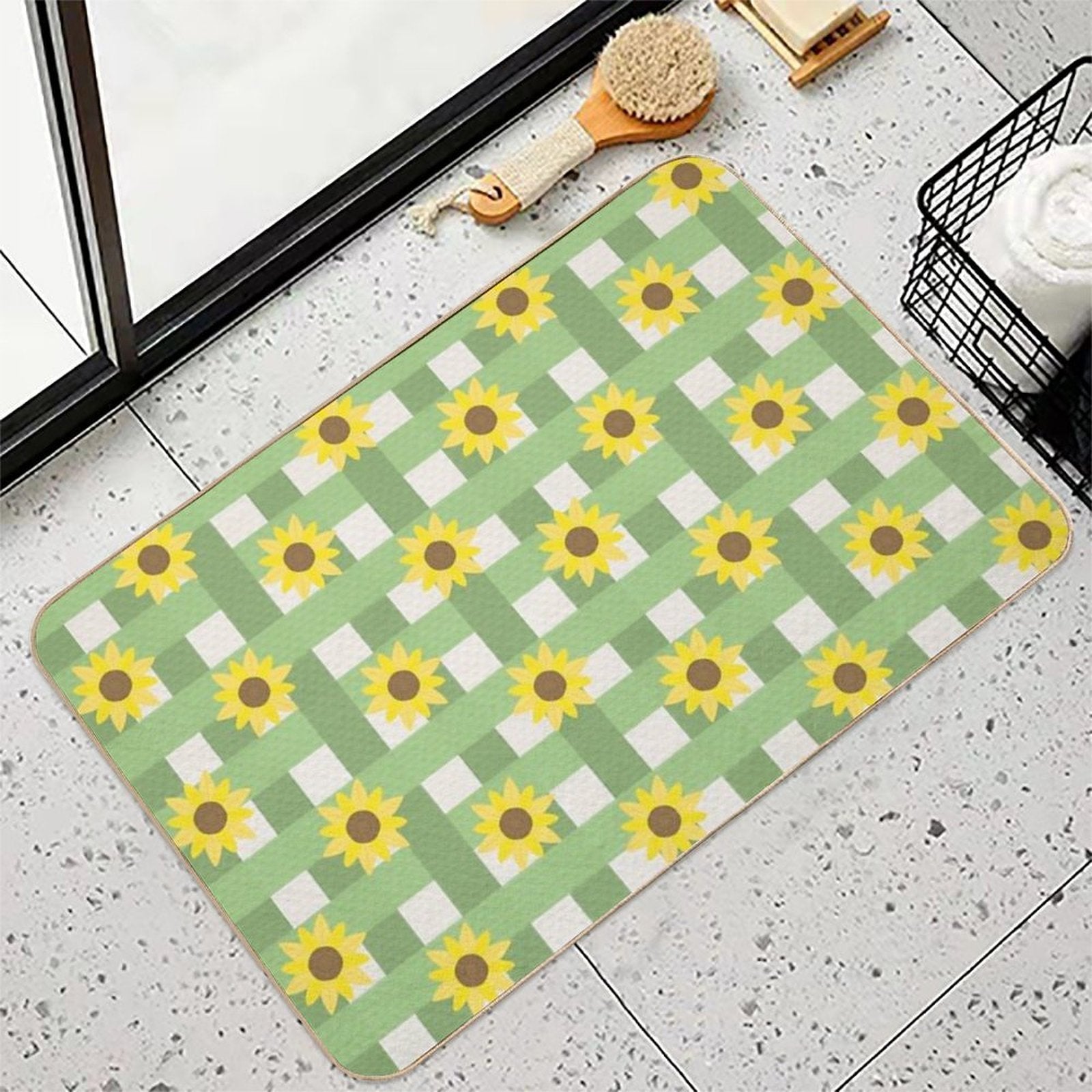 Sunflower Gingham Pattern Durable Bath Mat