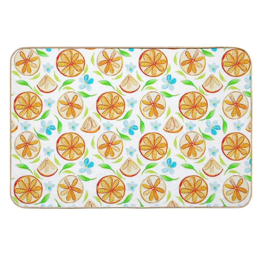 Oranges And Blue Blossoms Watercolour  Eco-Friendly Bath Mat