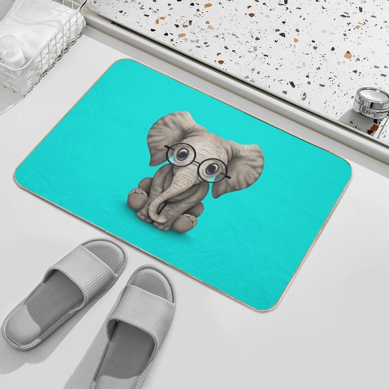 Cute Baby Elephant Calf with Reading Glasses on Blue  Dirt-Trapping Bath Mat