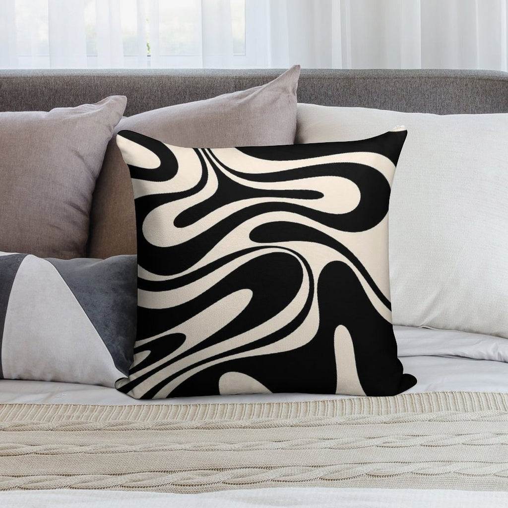 Retro Fantasy Swirl Abstract in Black And Almond Cream Soft Fade-Resistant Throw Pillow
