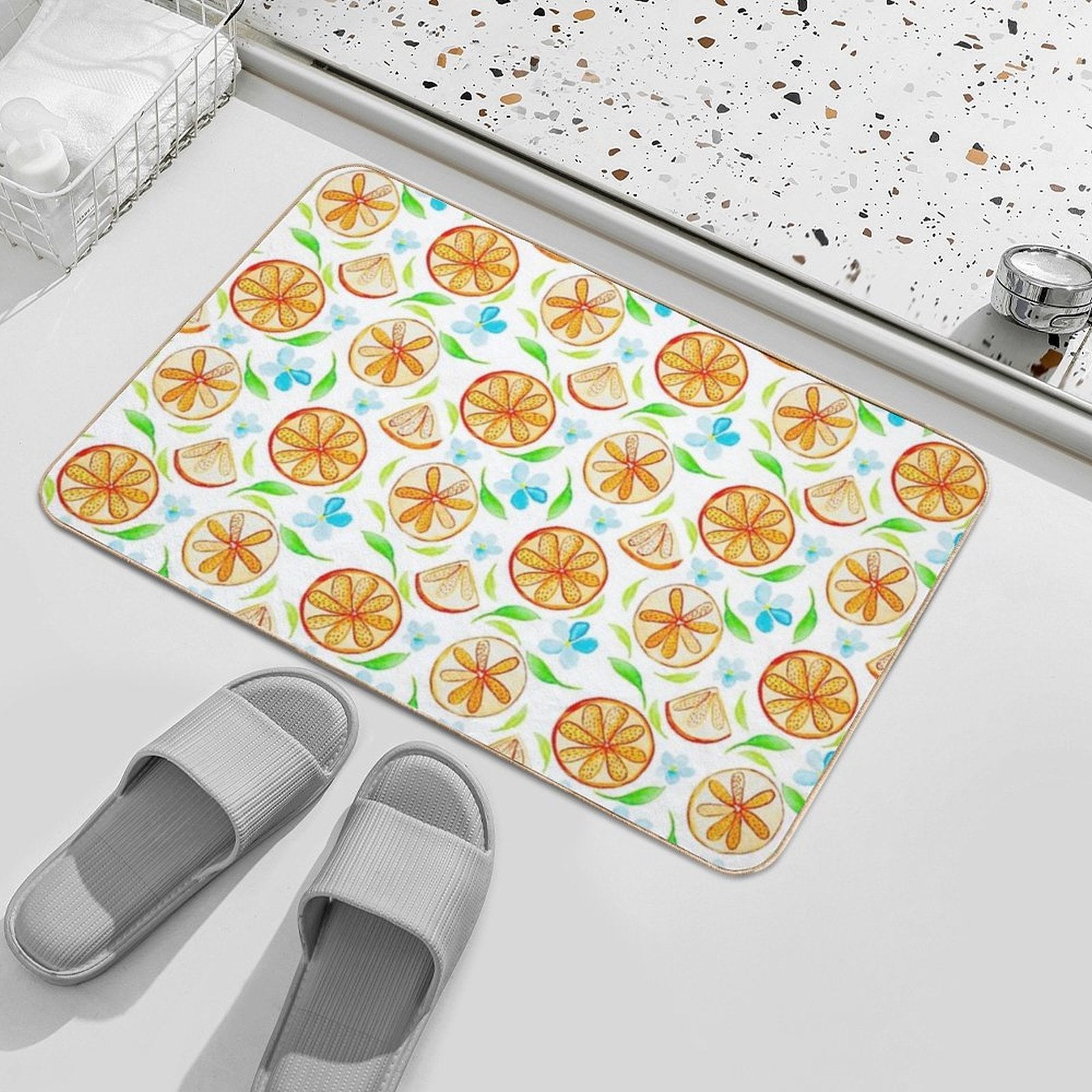 Oranges And Blue Blossoms Watercolour  Eco-Friendly Bath Mat