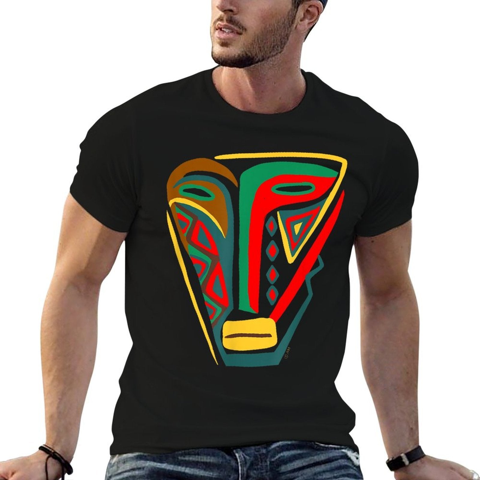 African Mask Outsider Art Abstract Graphic  Cotton T-Shirt