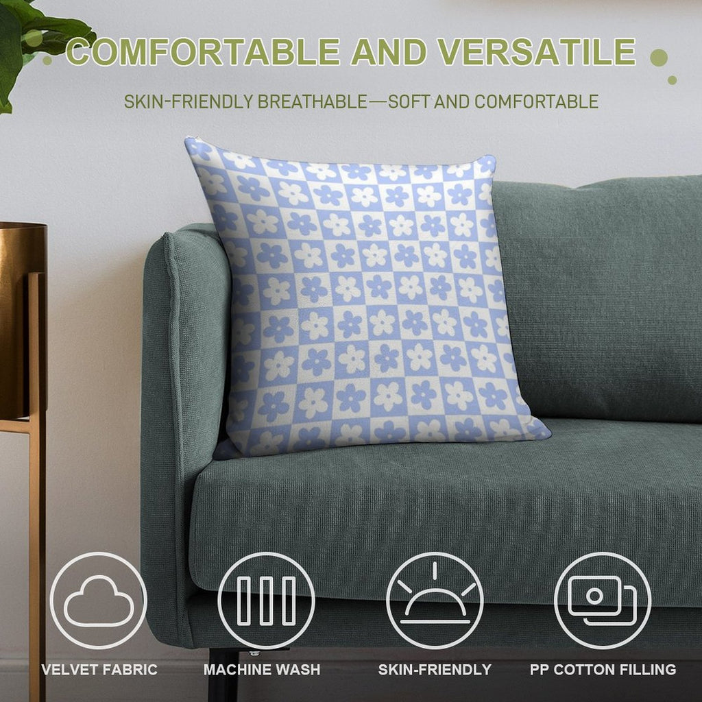 Periwinkle And White Checkered Squares with Flowers Soft Multiple Sizes Throw Pillow