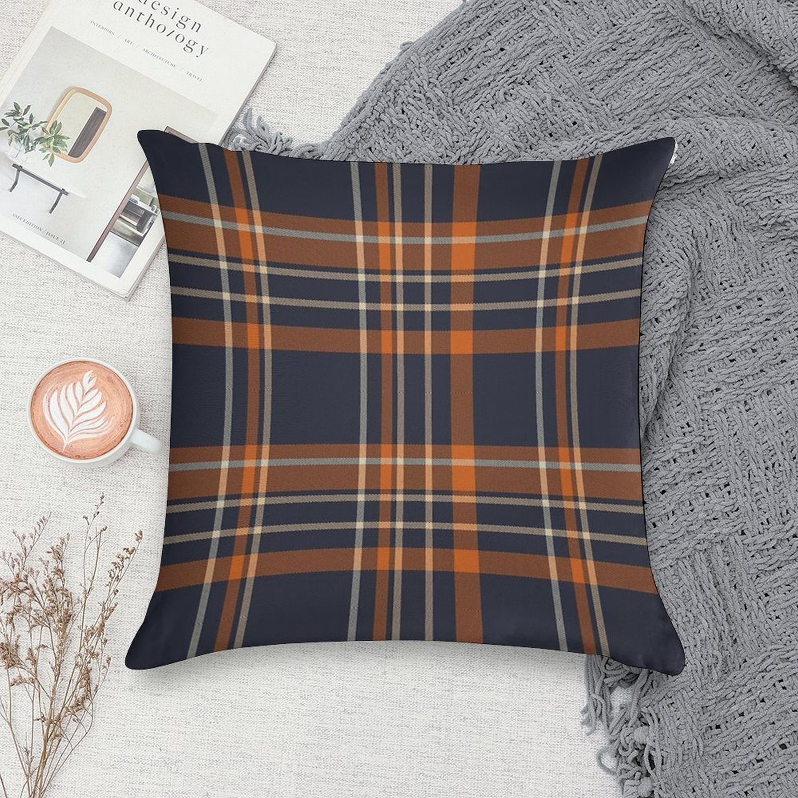 Blue, Tan And Orange Plaid Pattern Soft Gift Ready Throw Pillow