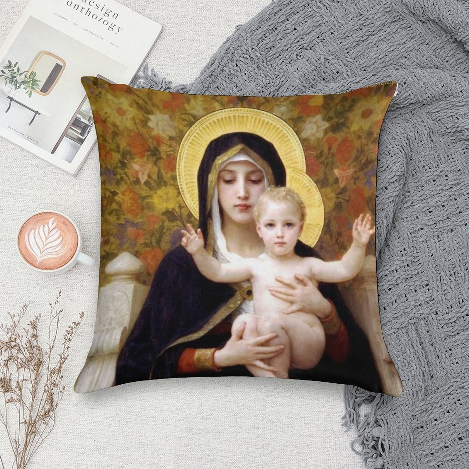 Our Lady Virgin of The Lilies, Bouguereau Soft Decorative Cover Throw Pillow