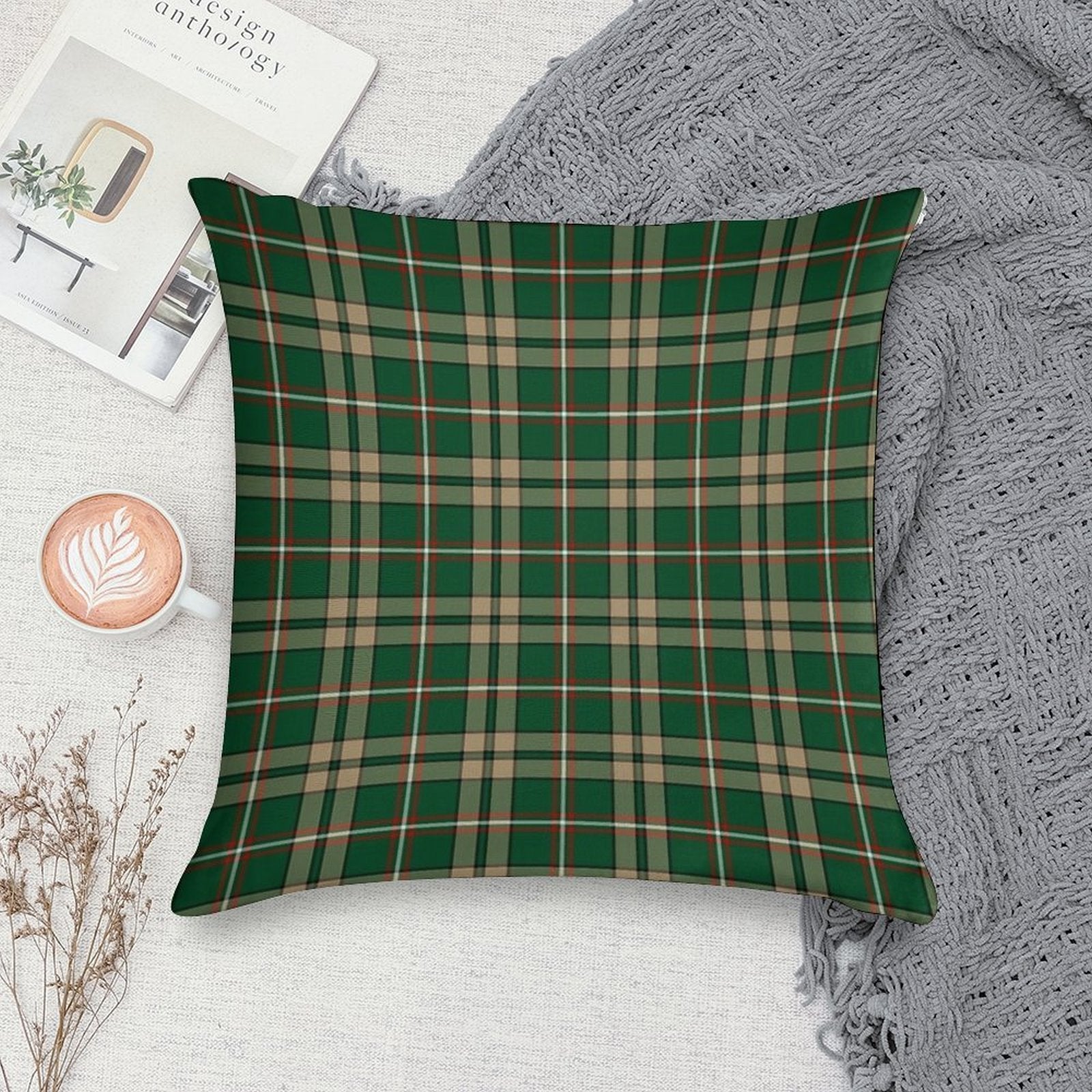 O'Neill Tartan Tan And Green Irish Plaid Soft Ultra-Soft Texture Throw Pillow