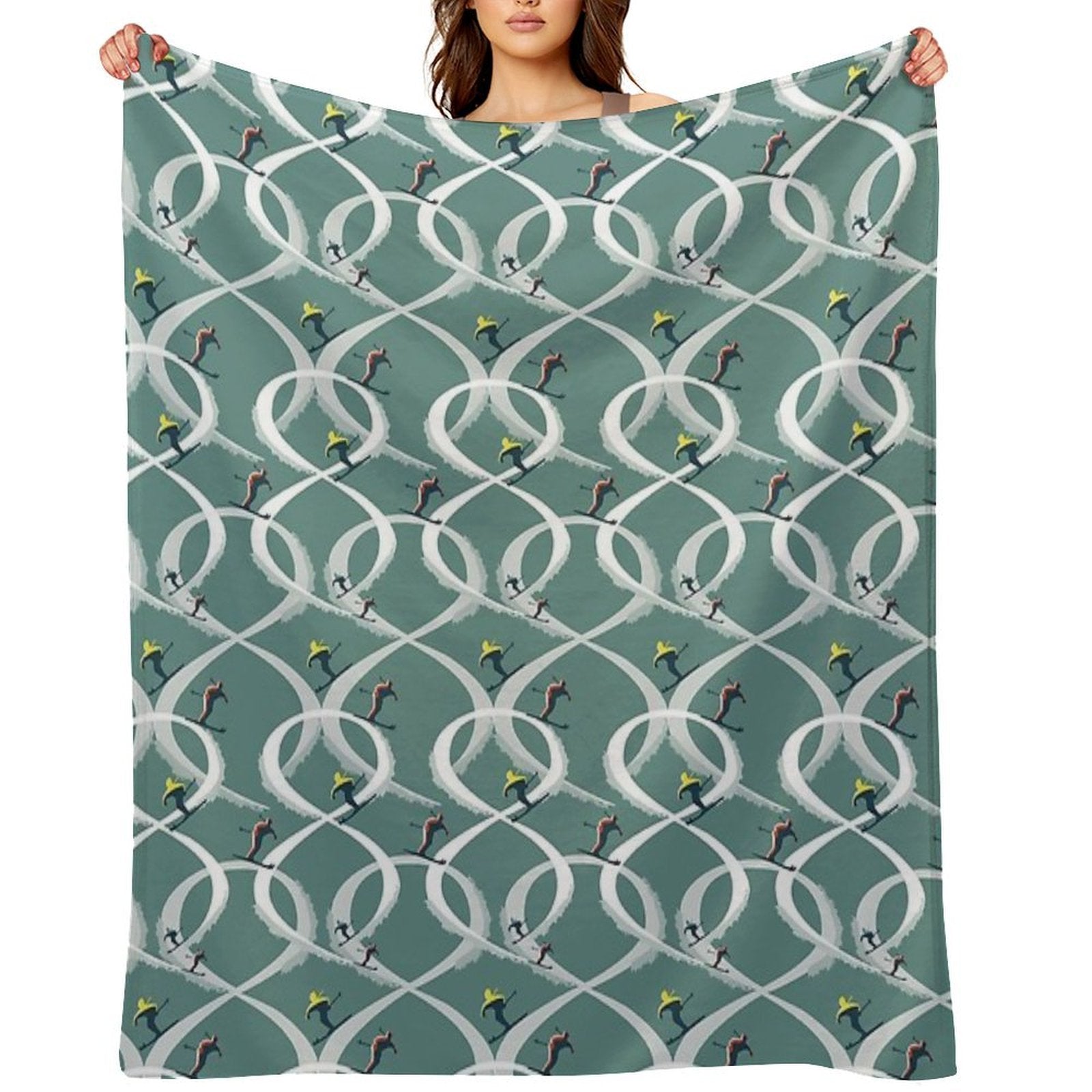 Mid Century Figure 8 Skiers in Retro Style on Teal Shrink-resistant Throw Blanket