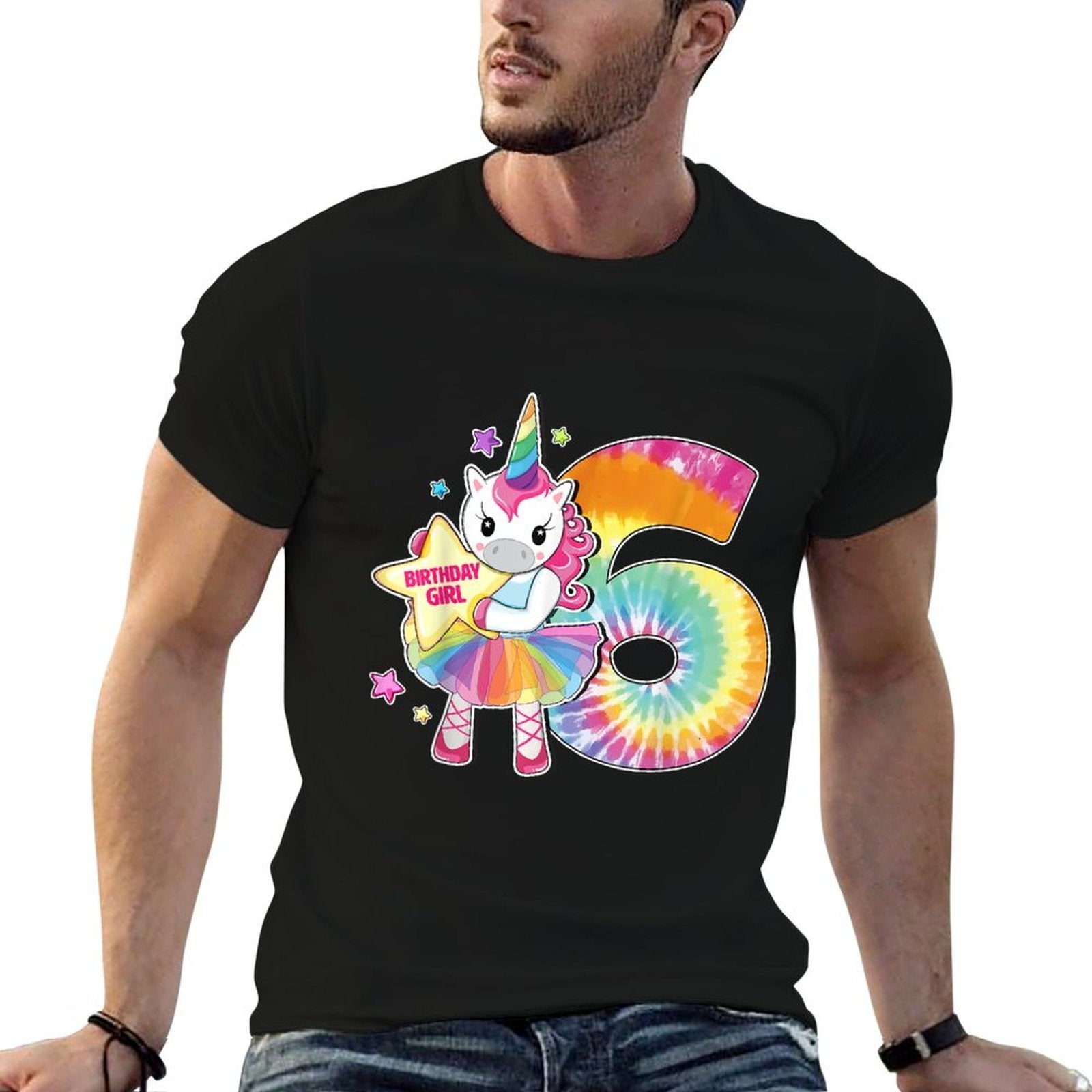 6th Birthday Unicorn Gift for Girls Age 6 Tie Dye  Cotton T-Shirt