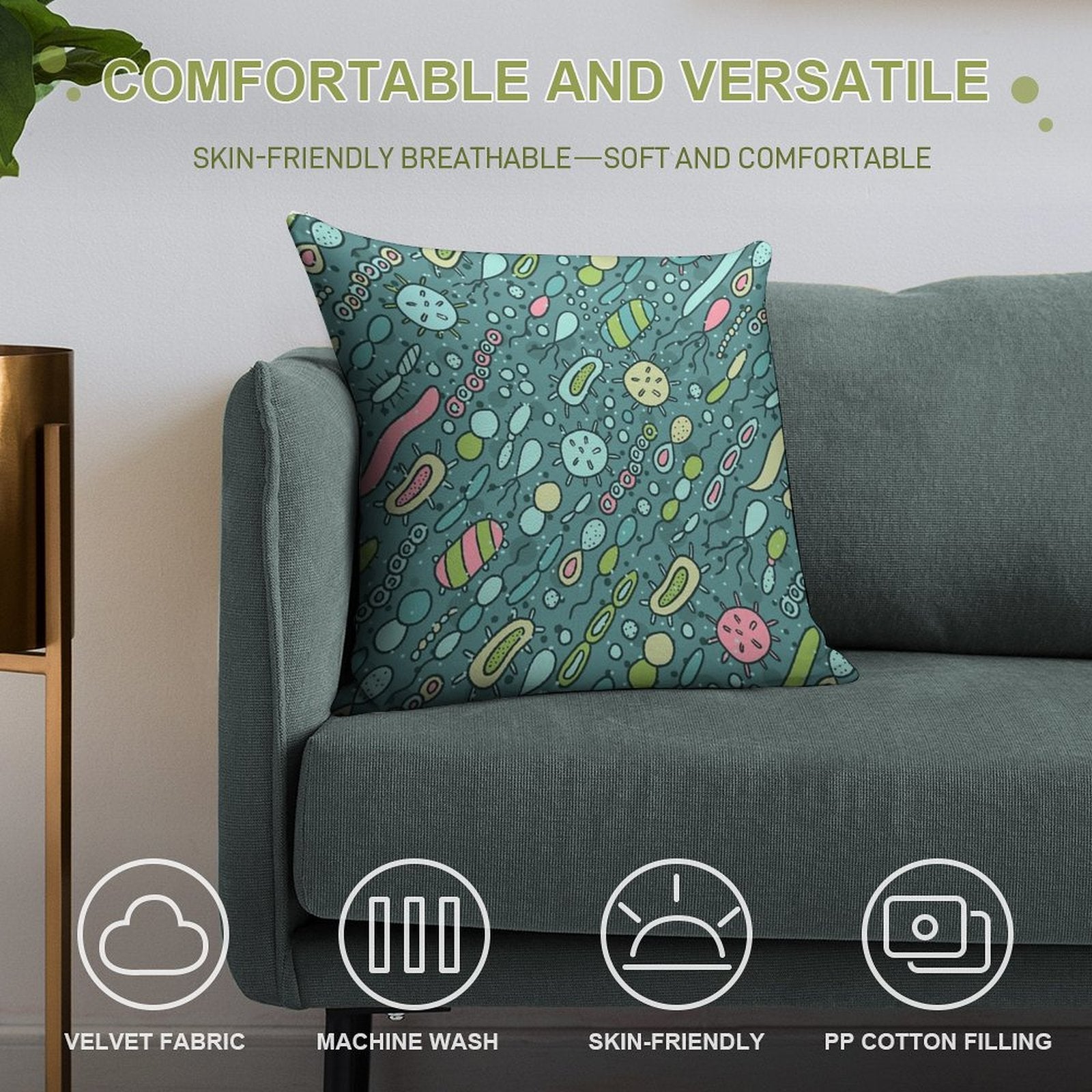 Microbes Pattern. Bacteria Design for Biology Lovers. Virus Illustration. Soft Anti-Pilling Throw Pillow