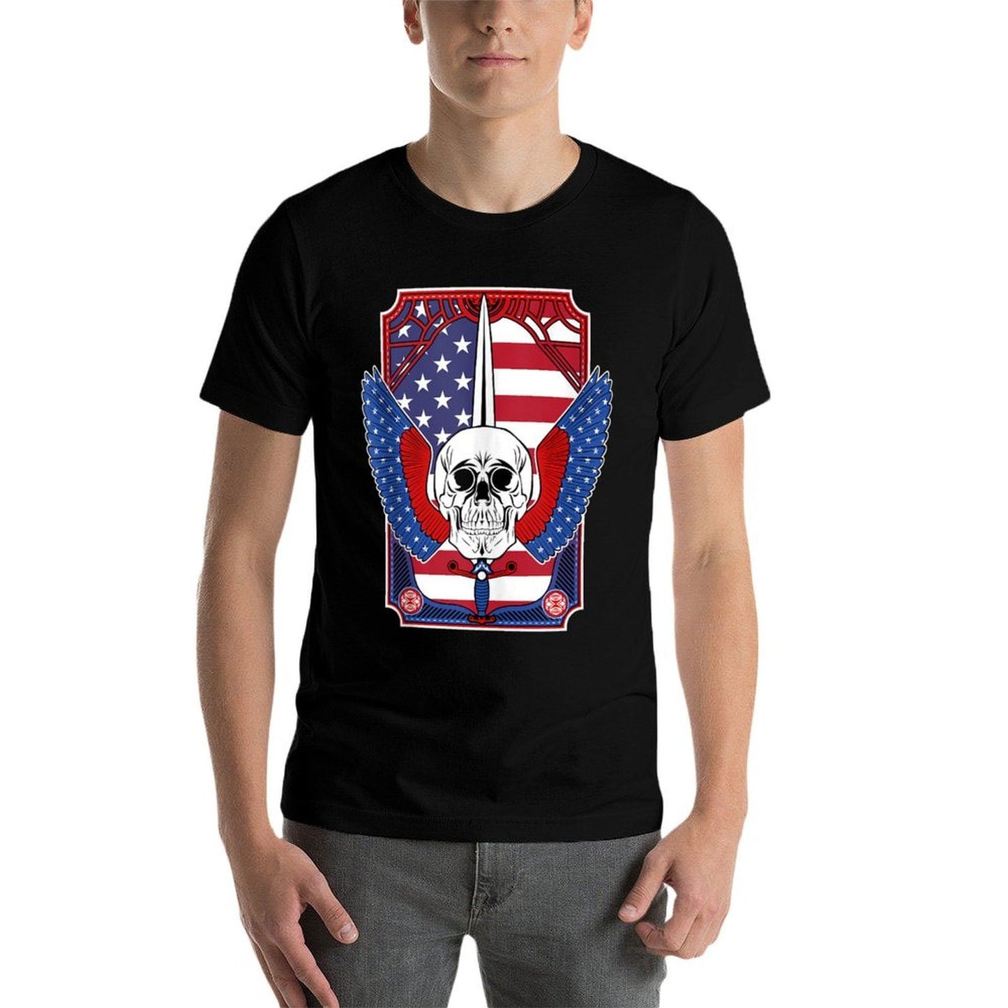 Skull, Sword, Eagle Wings And American July 4th Design  Graphic-printed T-Shirt