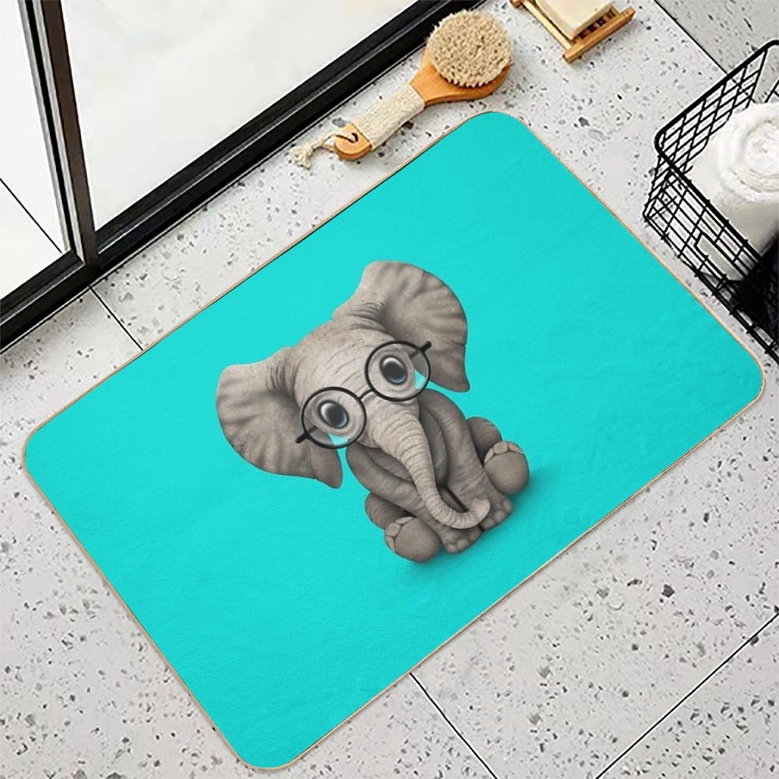 Cute Baby Elephant Calf with Reading Glasses on Blue  Dirt-Trapping Bath Mat