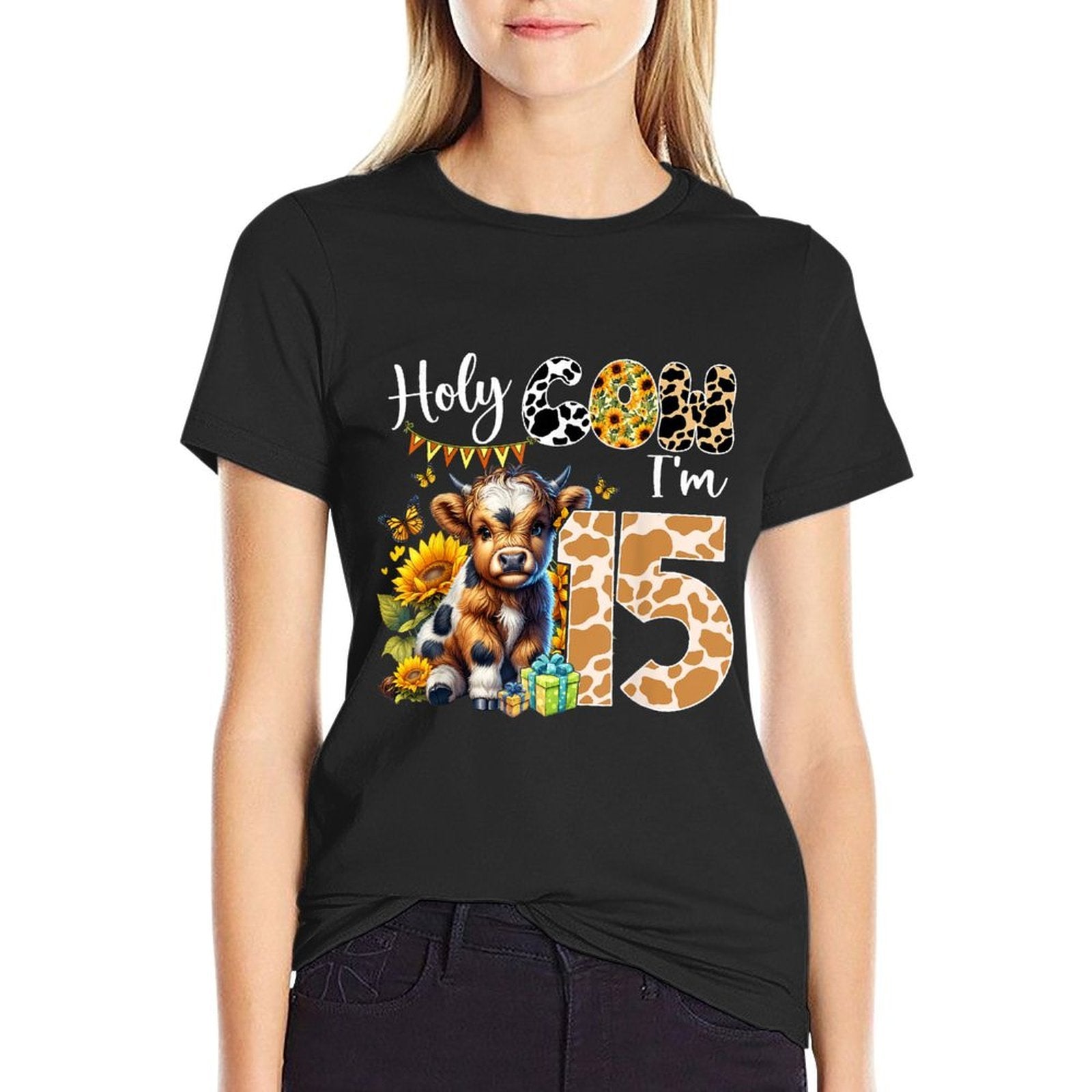 Holy Cow I’m 15 Years Old Dairy Cow Sunflowers 15th Birthday  Affordable Price T-Shirt