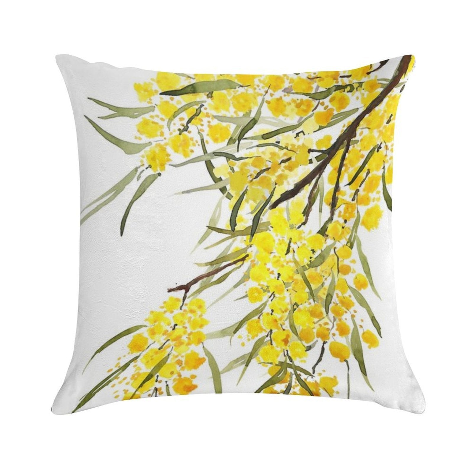 Hand Painted Golden Wattle Flower Watercolor Soft Multiple Sizes Throw Pillow