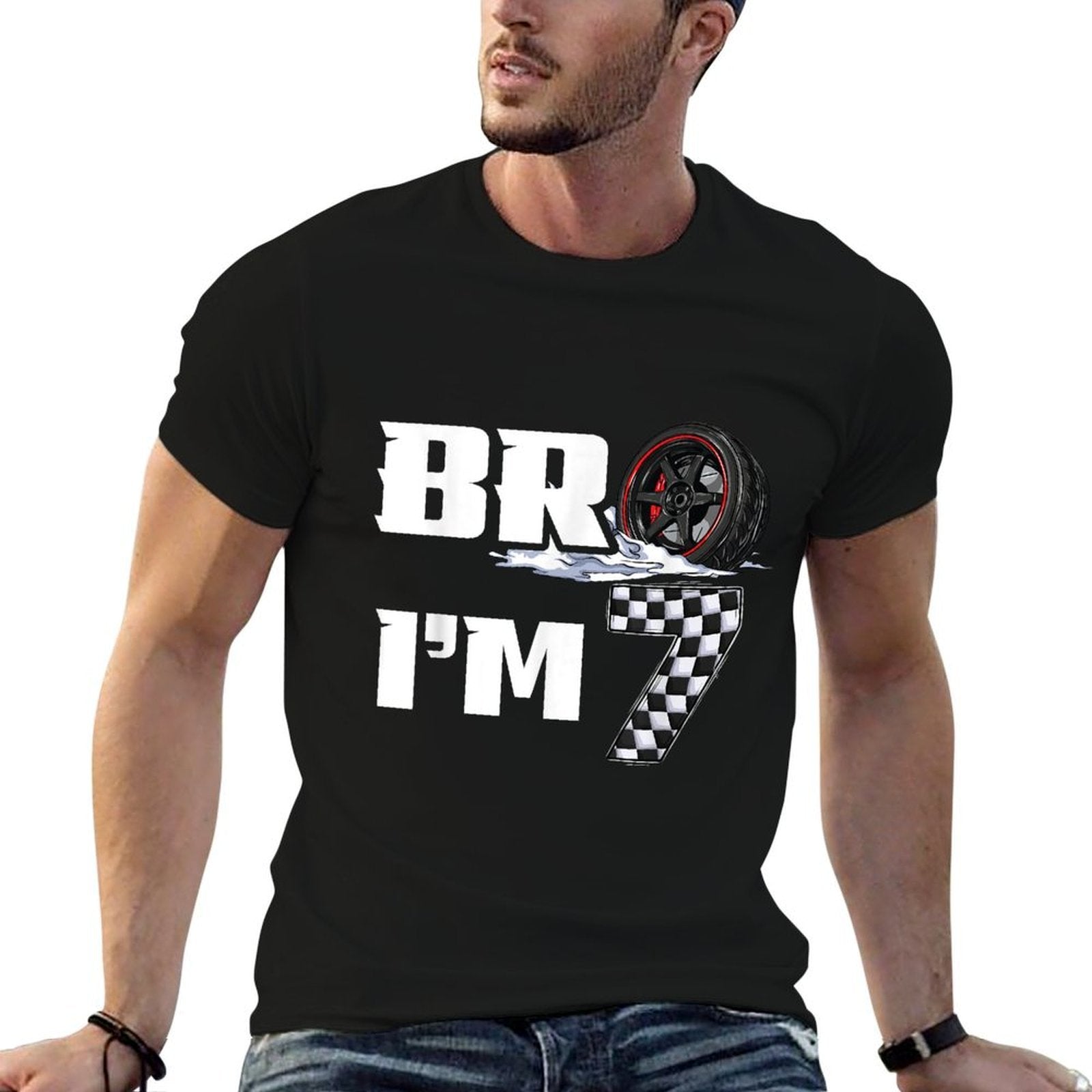 7th Birthday Boy Pit Crew Bro I’m 7 Year Old Race Car Racing  Cotton T-Shirt