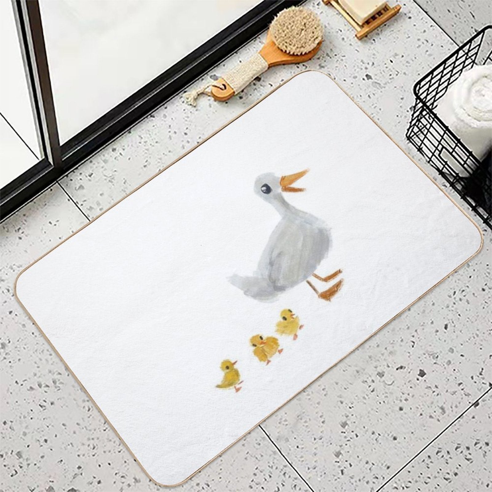 Mama Duck And Ducklings Cute Bird Pastel Drawing  Odorless Bath Mat